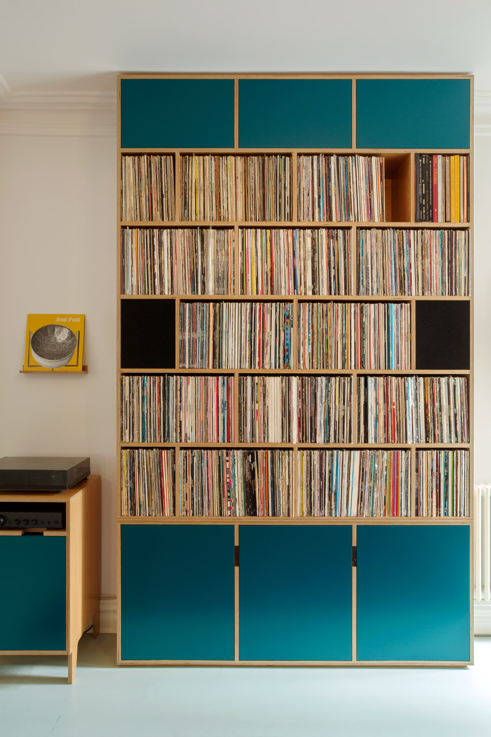 Teal Birch Ply Wall-to-Ceiling Bookcase Vinyl storage