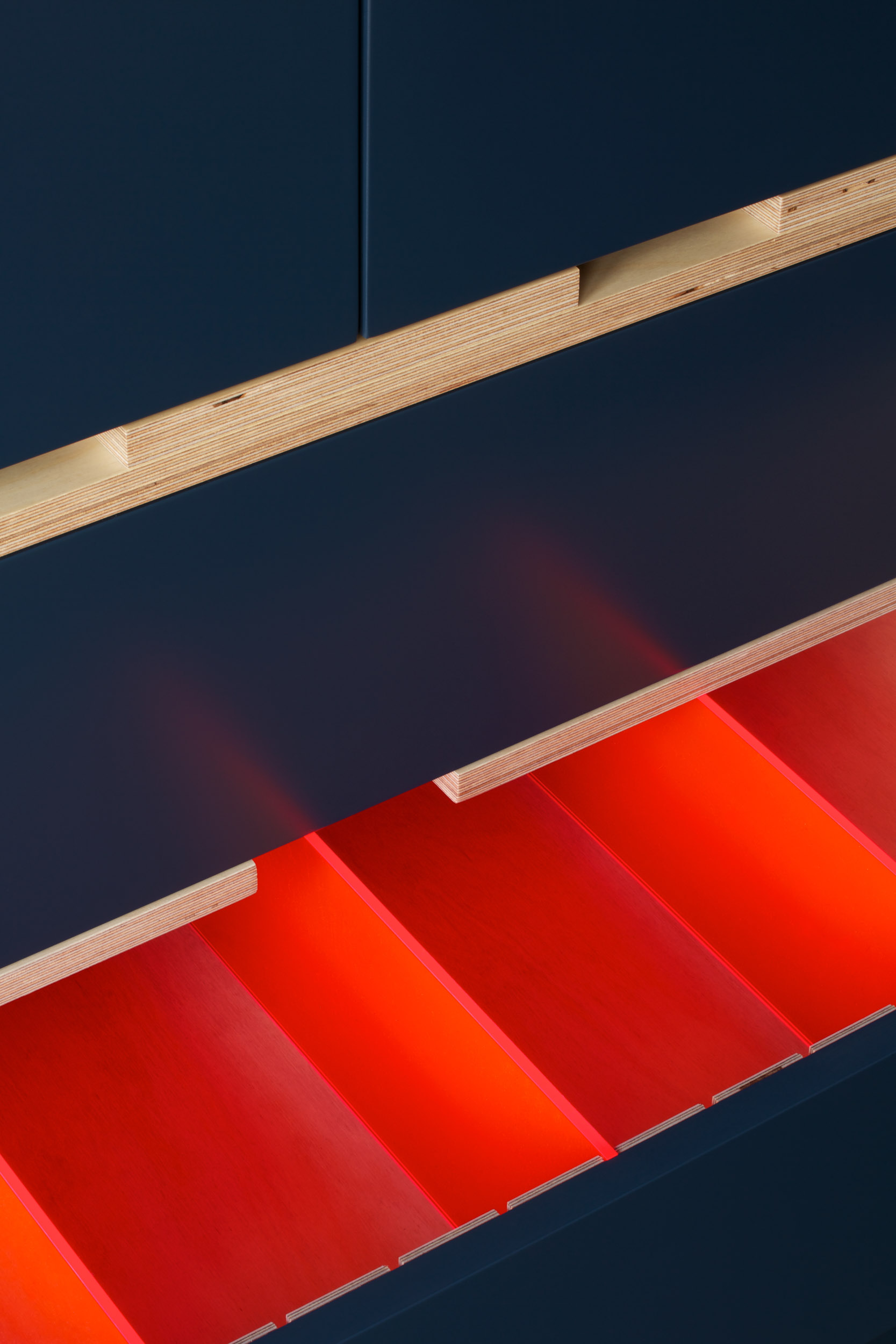 Inside Plywood Drawer with neon acrylic organizers 