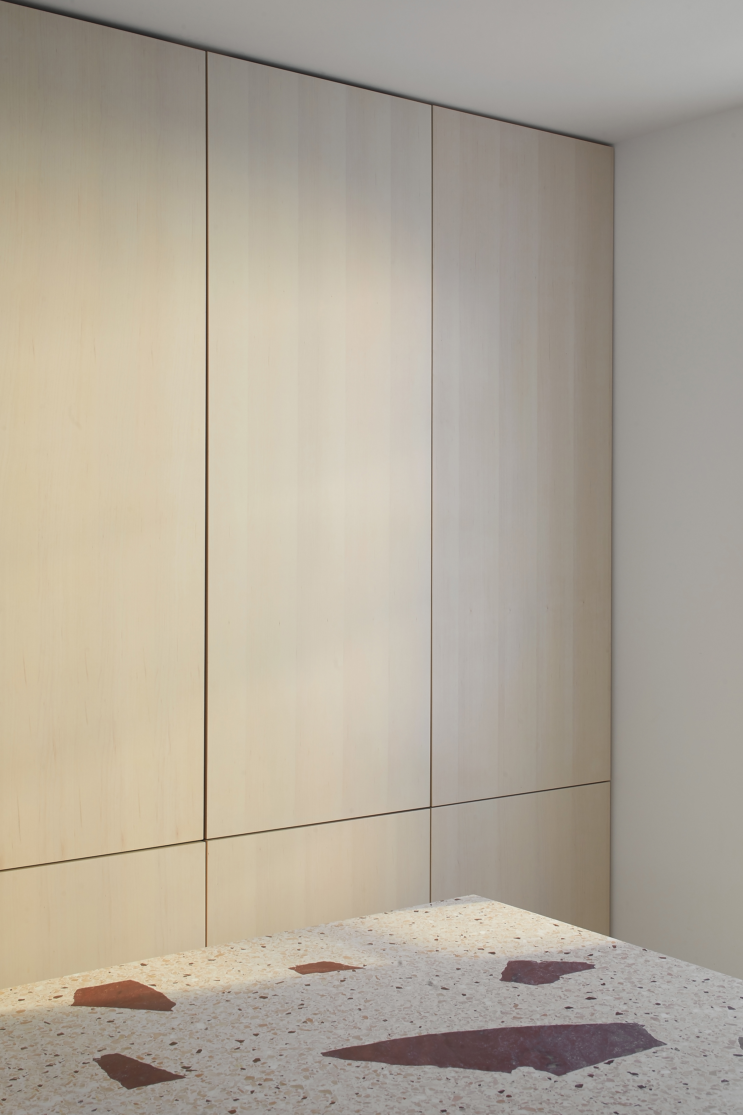 minimalist ash veneer storage and terrazzo island