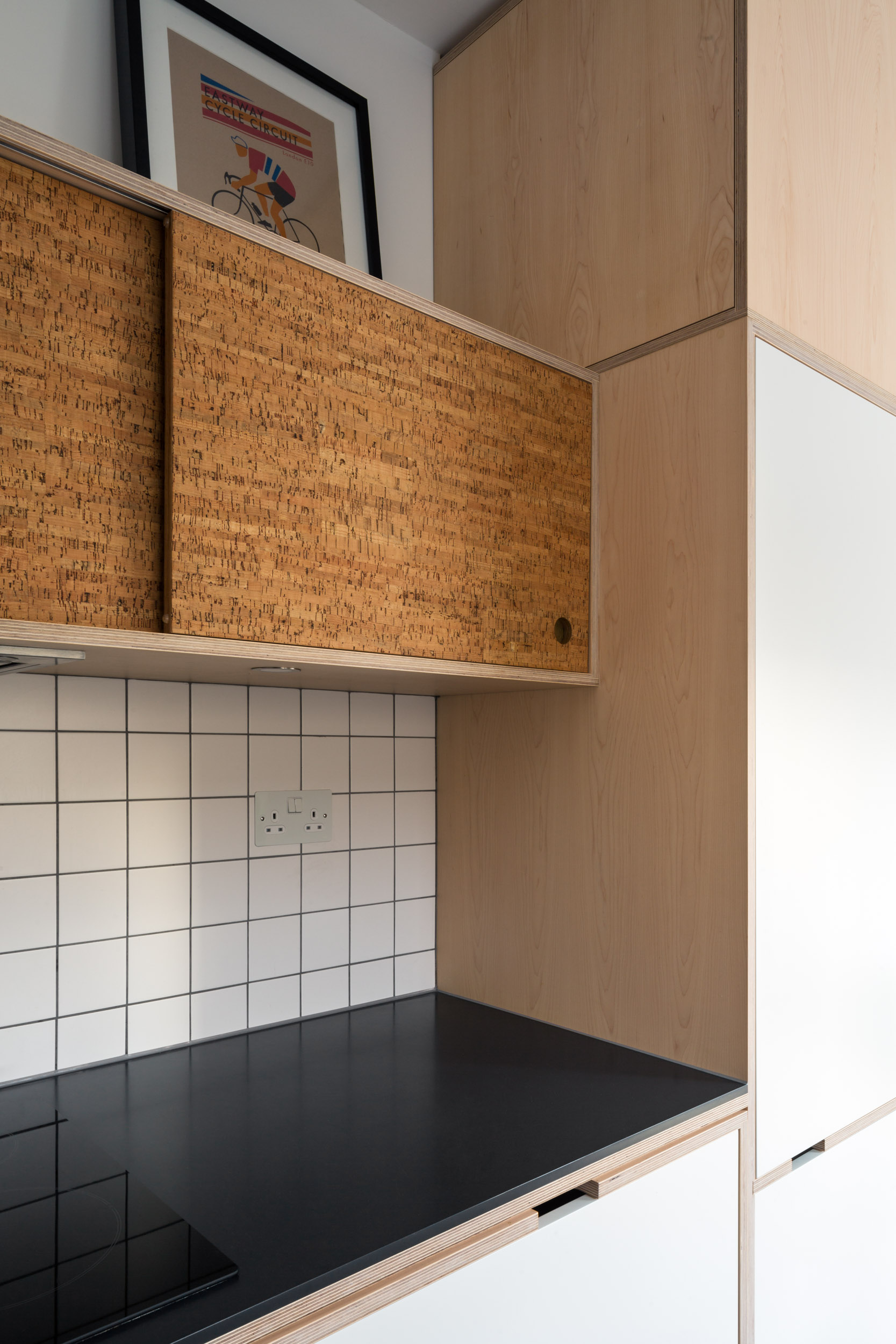 Kitchen Worktop And Hob With Plywood Cabinets with cork sliding door wall cabinet