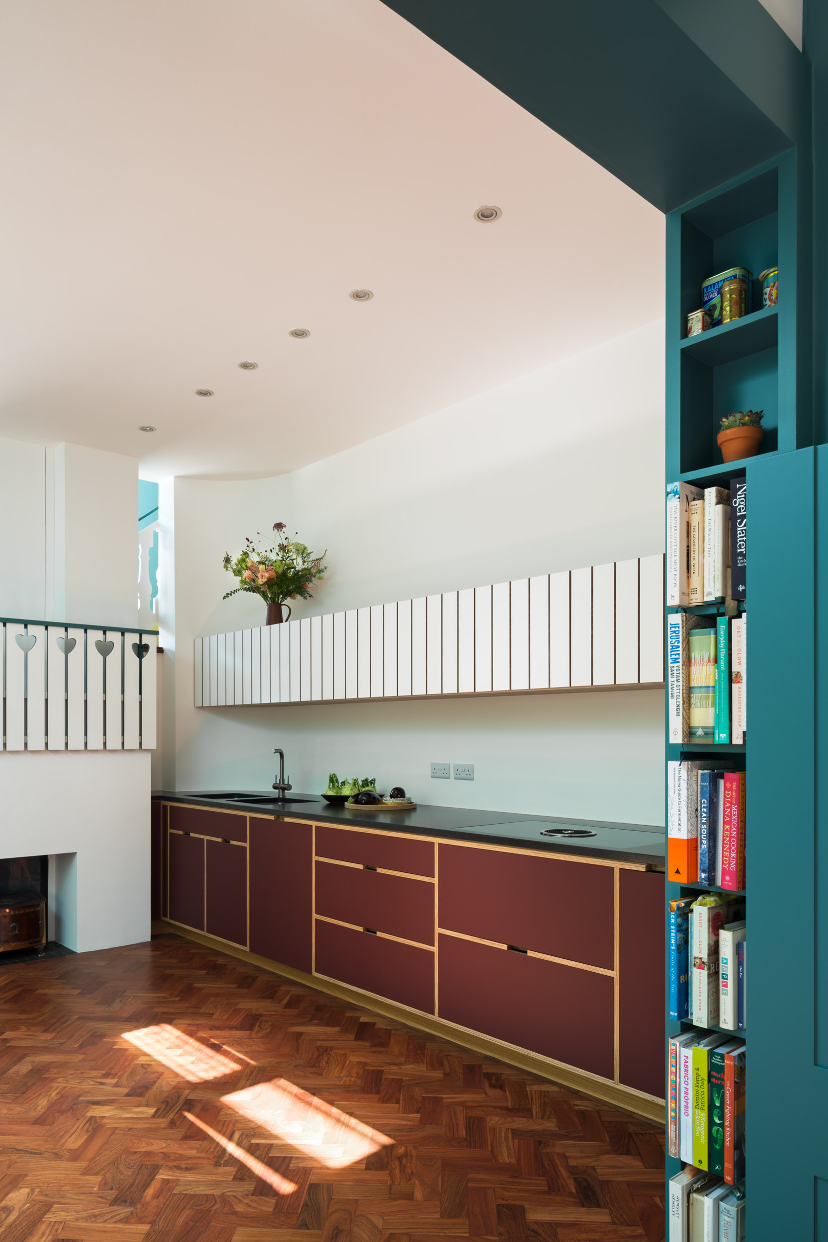 maroon and white ply kitchen