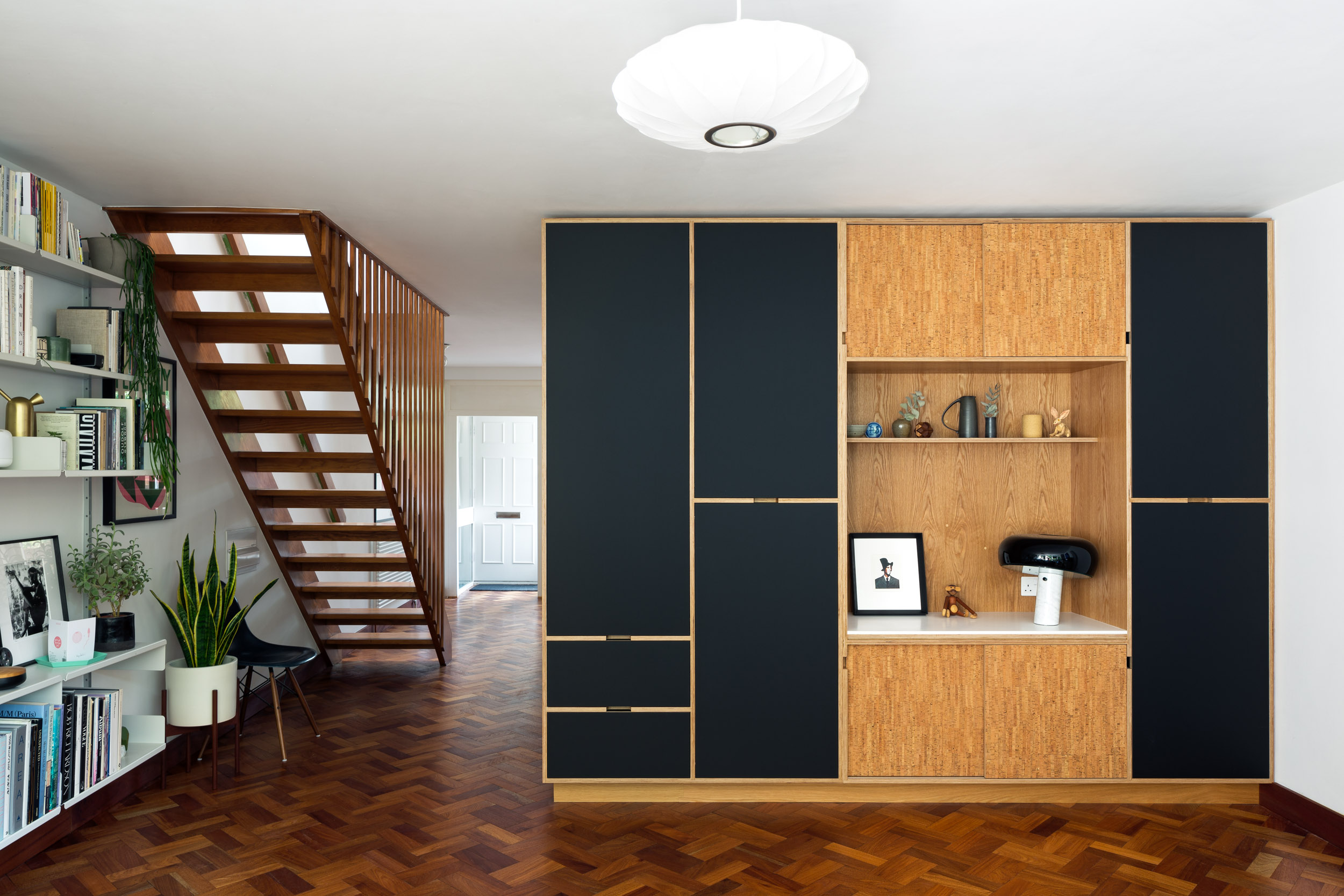Double sided room divider and storage in plywood with oak veneer