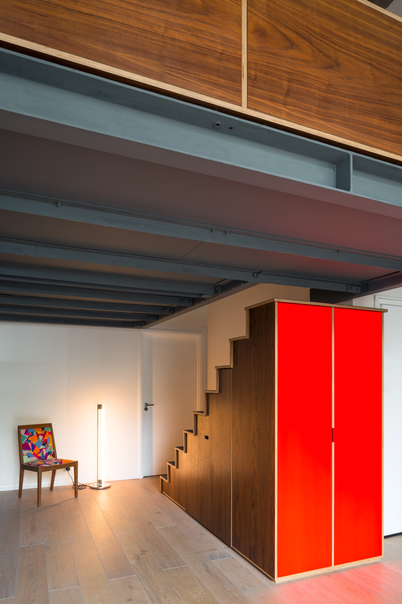 Walnut plywood stairs and wardrobe