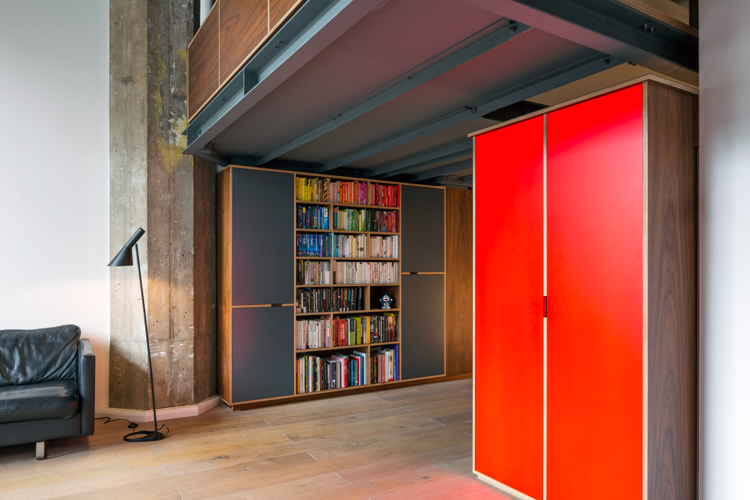 Living Area Plywood Red Wardrobe And Bookcase