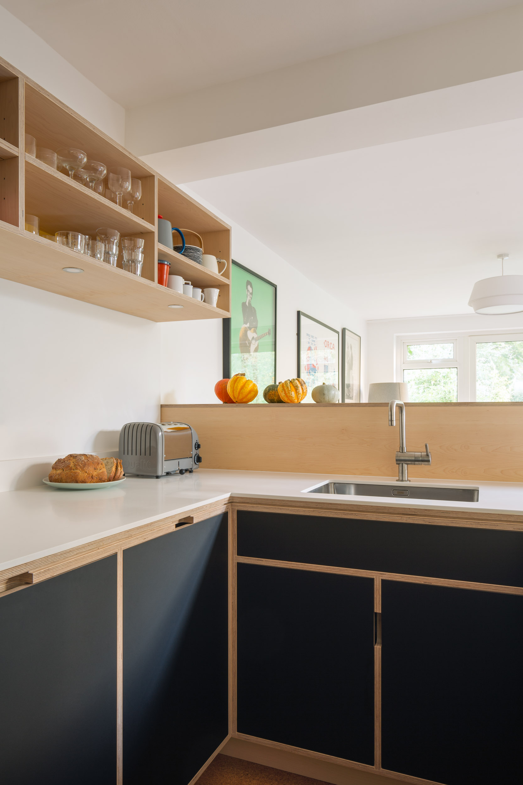 Plywood kitchen with black doors