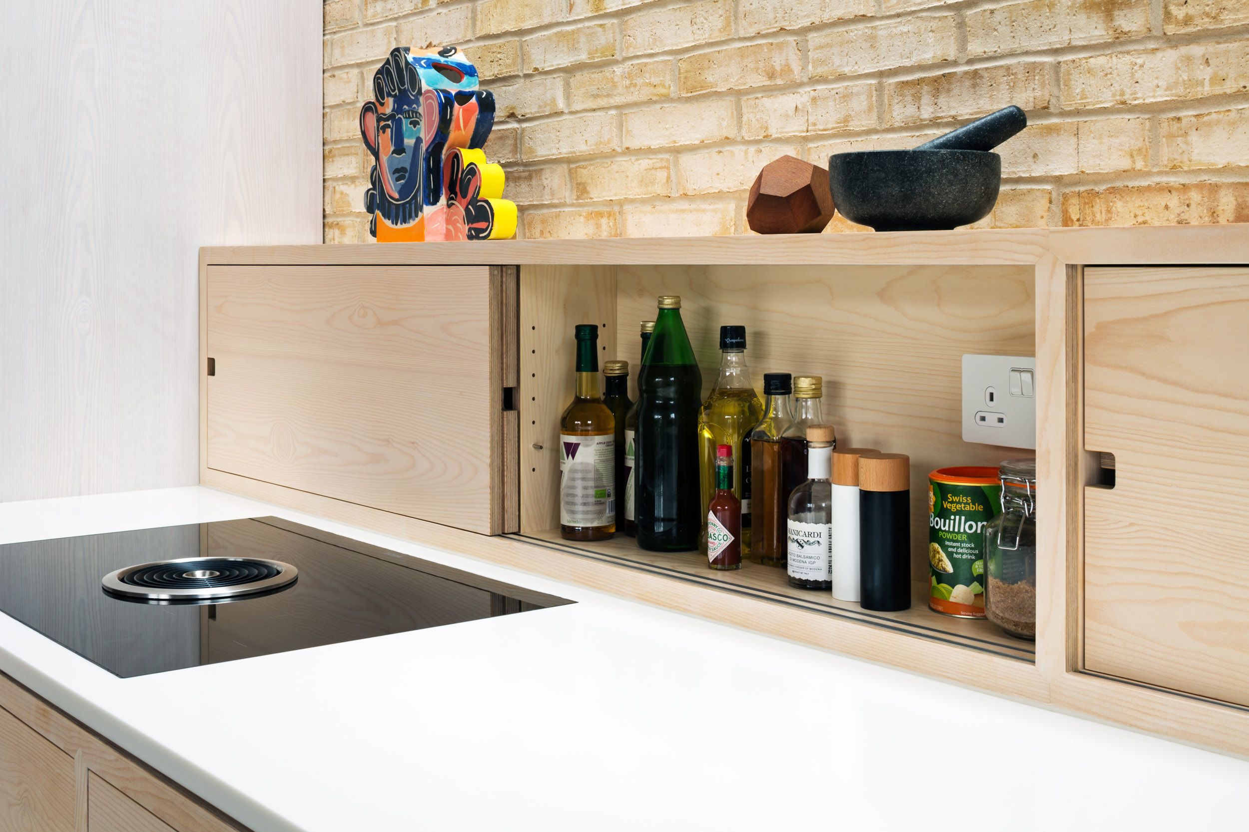Douglas fir plywood kitchen splashback storage