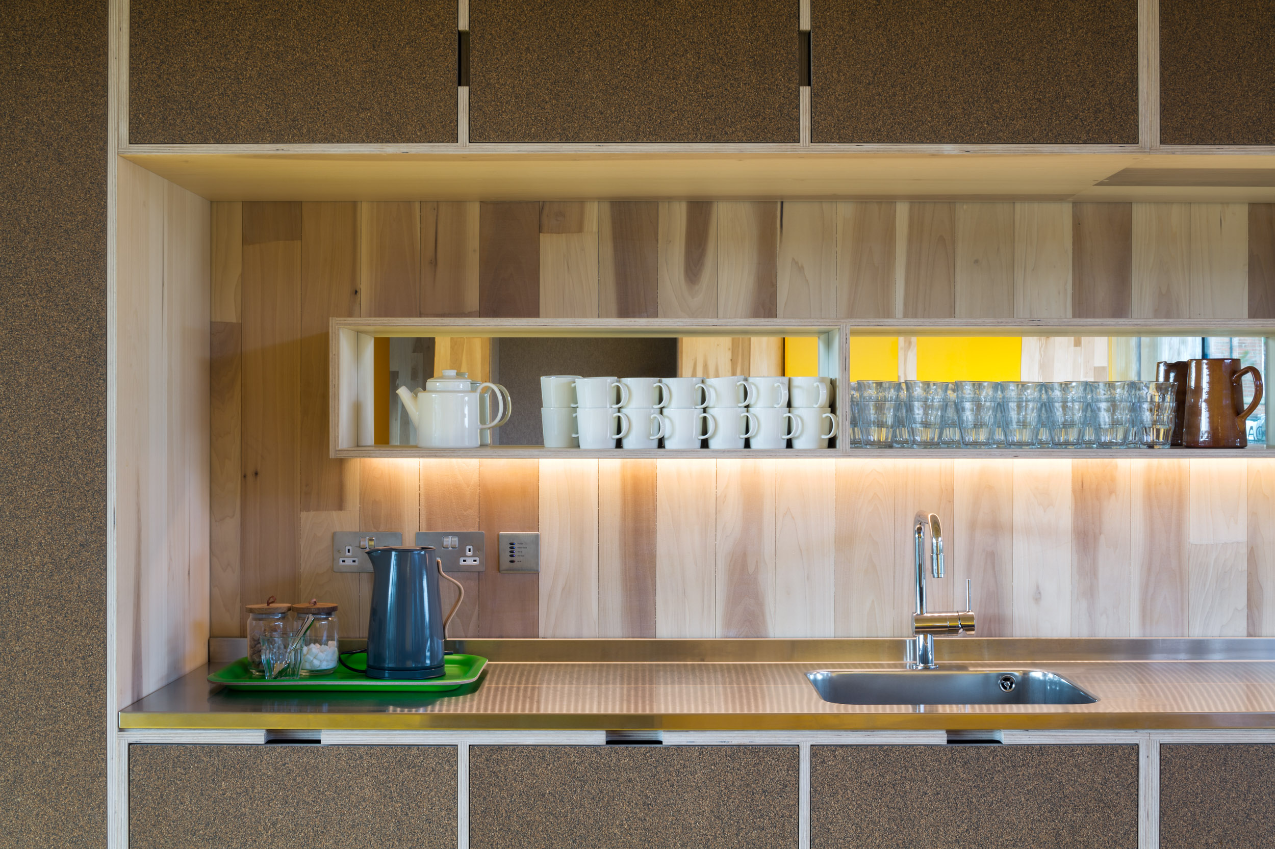 Bespoke Kitchen Ply Shelving Rows of Glasses