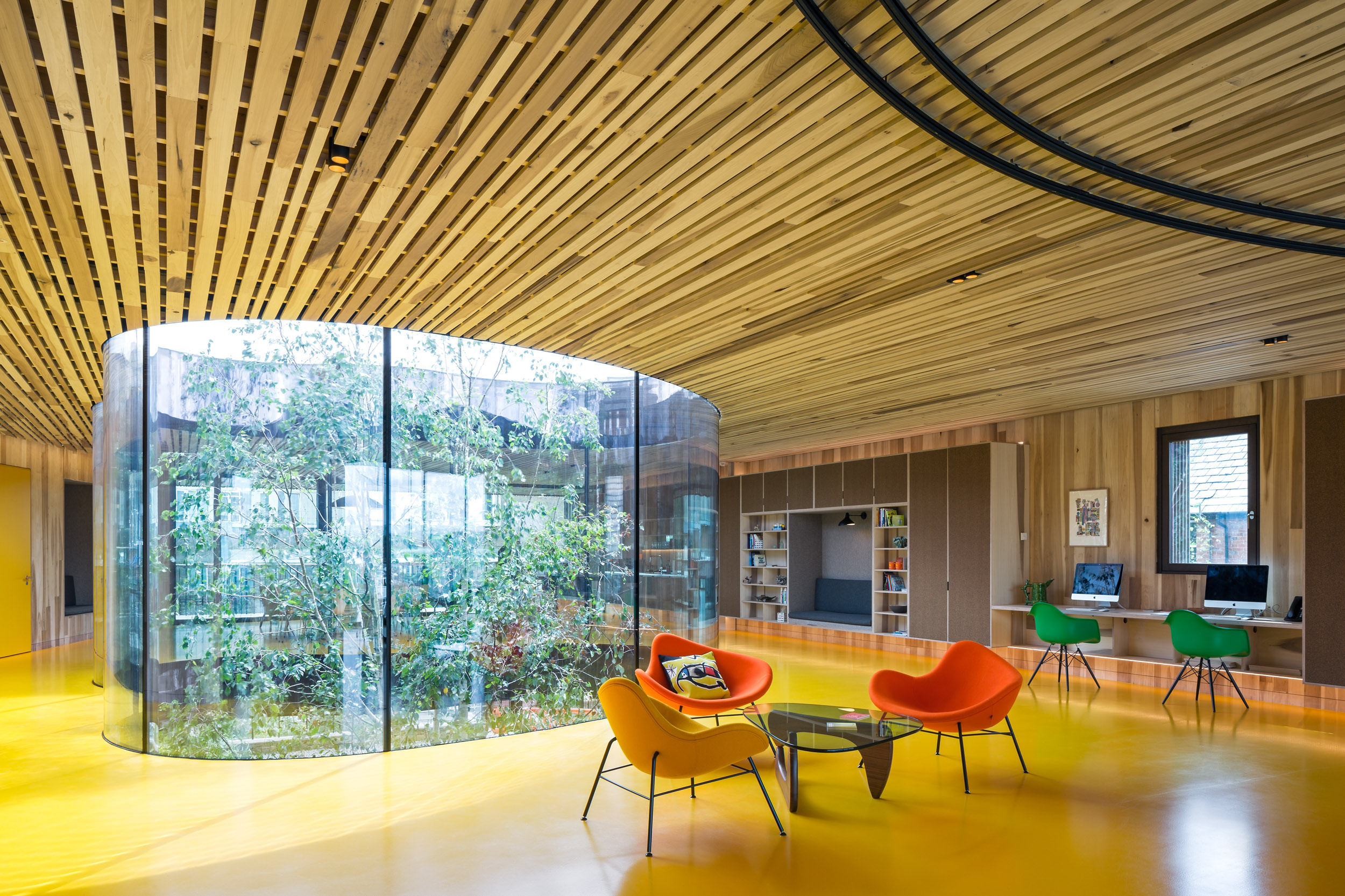 Huge Modern Open Plan Plywood Living Area Surrounding Plants Encased in Glass
