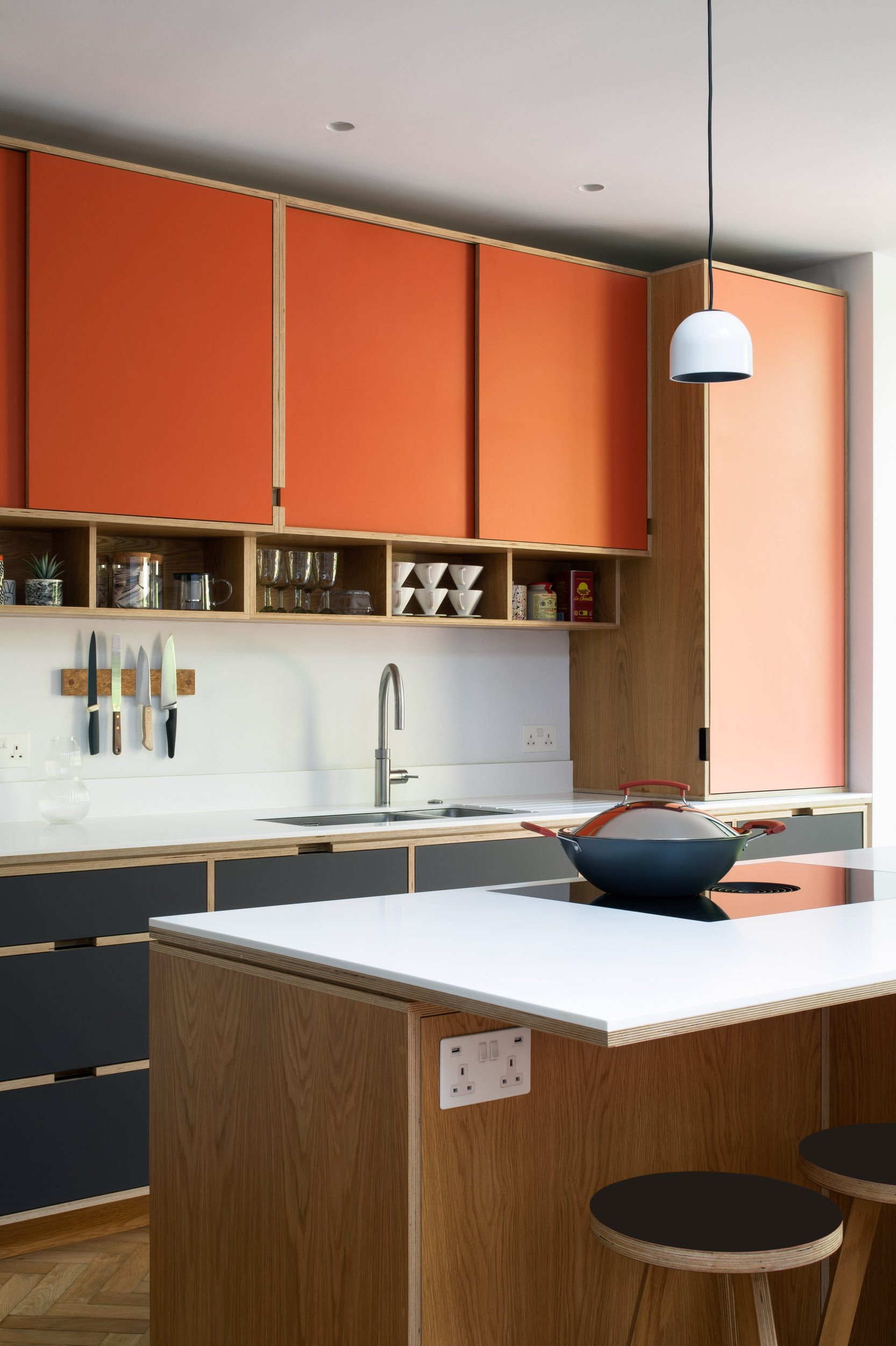 Bespoke Modern Plywood Kitchen in pink and red
