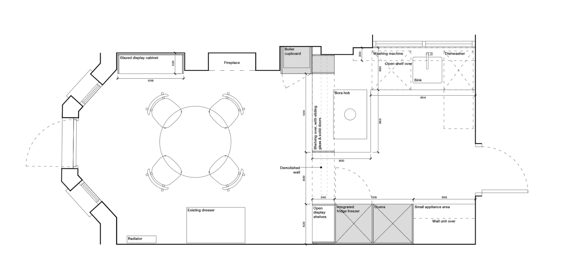 Floor plan of the kitchen and dining room, showing the new screen and hatch between the two spaces