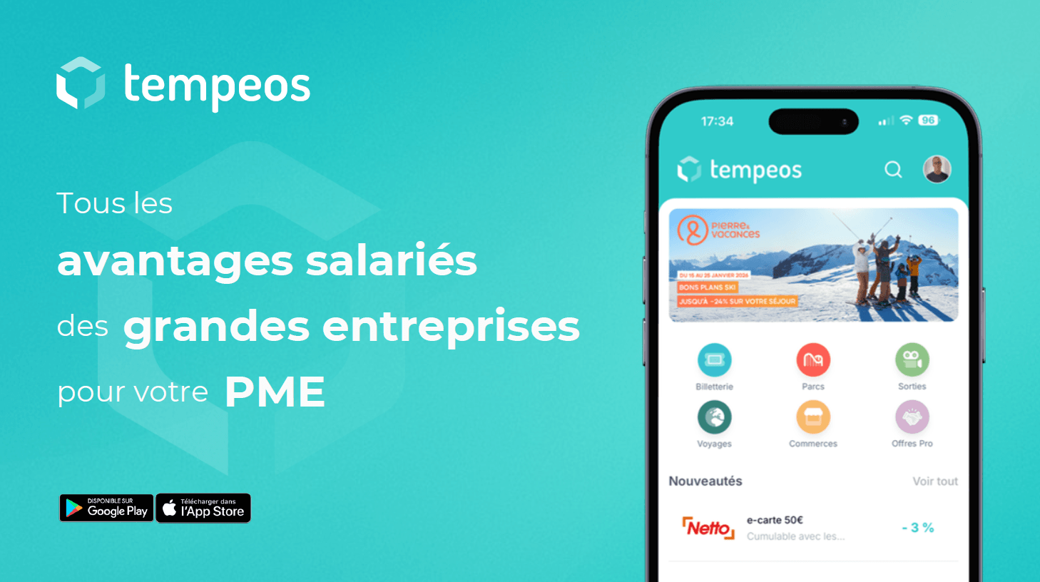 Tempeos app promotion showing employee benefits from large companies for SMEs with app icons for Google Play and Apple App Store and a phone screen displaying benefit categories like ticketing, parks, outings, travel, shopping, and professional offers.
