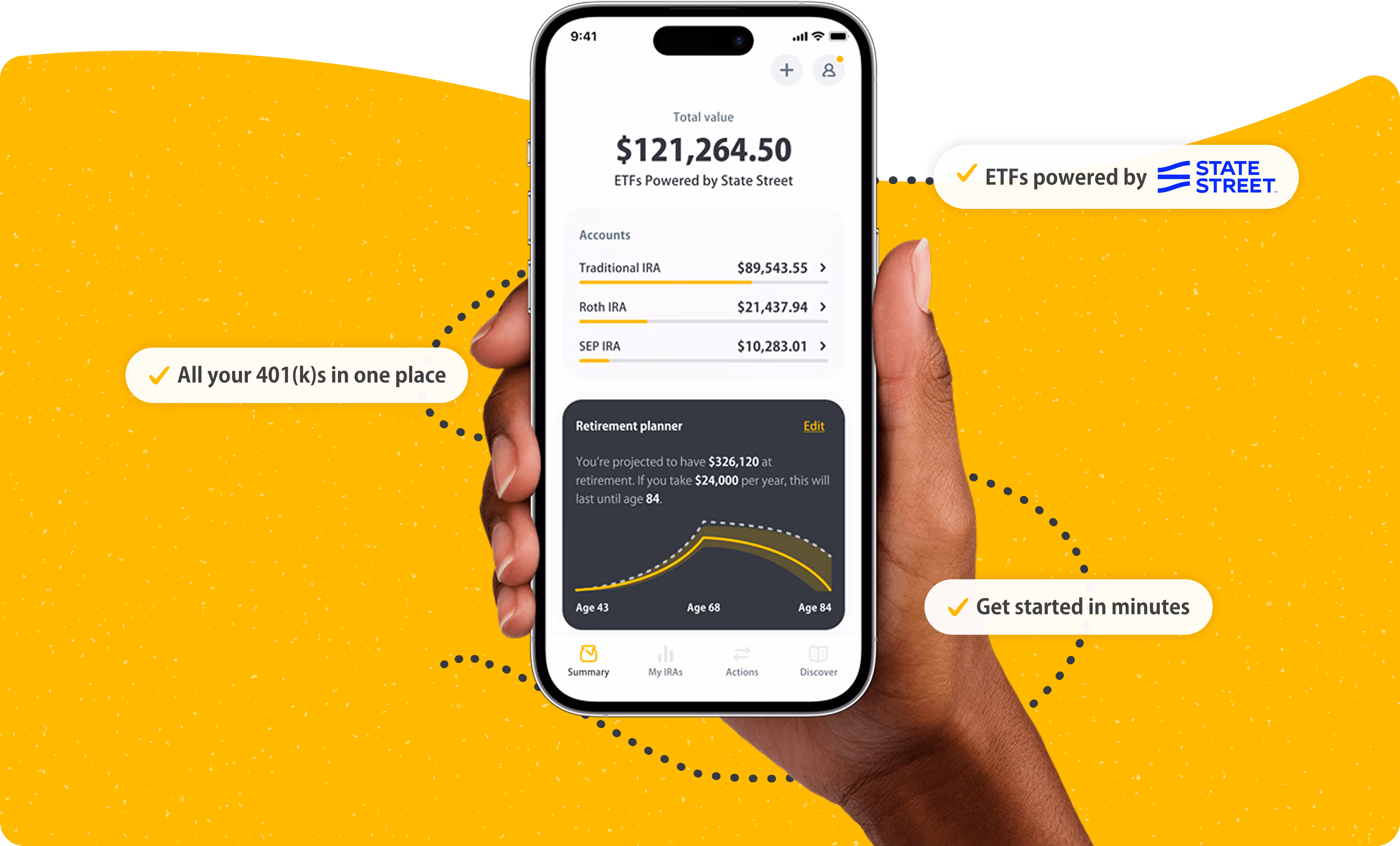 Hand holding phone with PensionBee balance screen