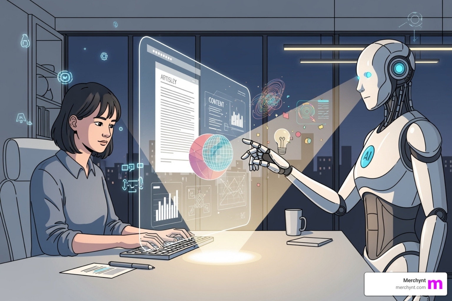 Illustration of a human and an AI robot collaborating on content creation, showing a symbiotic relationship - best ai for seo software Illustration of a human and an AI robot collaborating on content creation, showing a symbiotic relationship - best ai for seo software