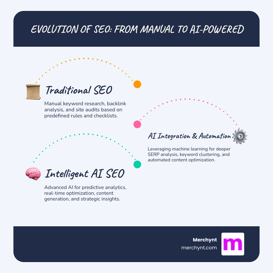 Infographic showing the evolution from traditional keyword-focused SEO to AI-powered semantic search optimization, including automated content creation, competitor analysis, and real-time SERP tracking - best ai for seo software infographic infographic-line-3-steps-blues-accent_colors Infographic showing the evolution from traditional keyword-focused SEO to AI-powered semantic search optimization, including automated content creation, competitor analysis, and real-time SERP tracking - best ai for seo software infographic infographic-line-3-steps-blues-accent_colors