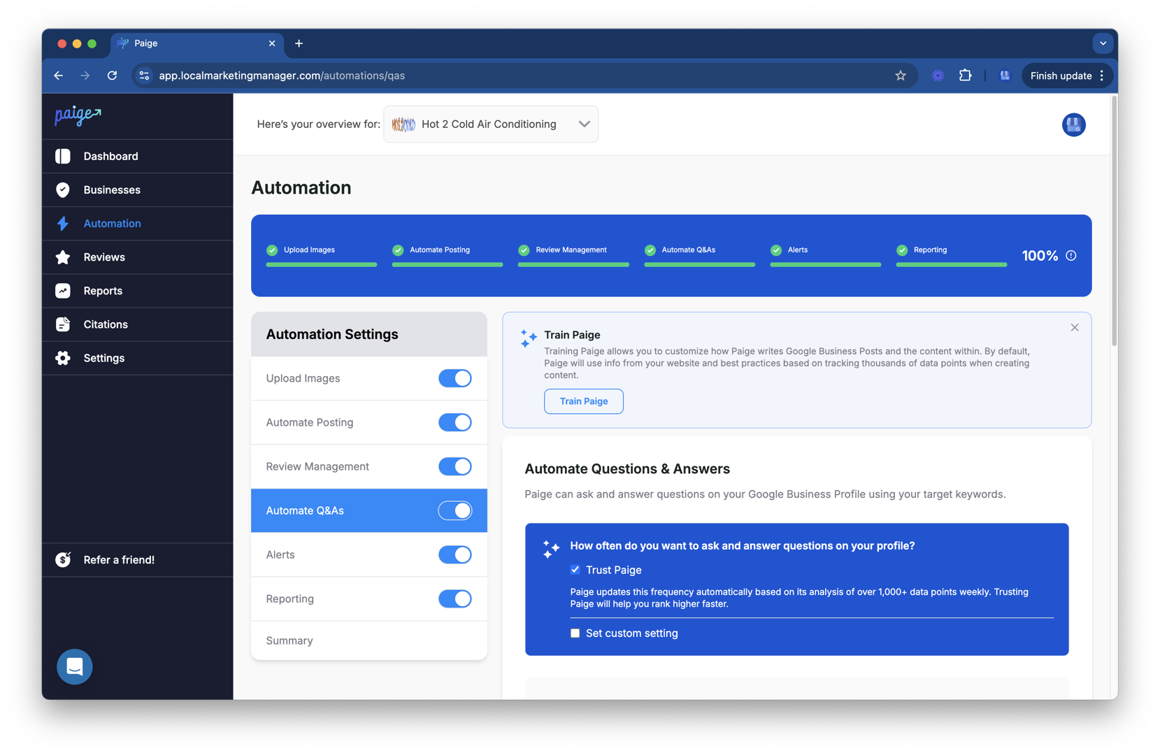 Paige AI software interface showing Google Business Profile optimization - best ai seo tools