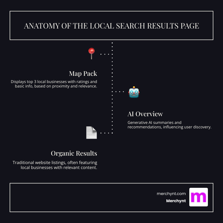 Local Search Ranking Factors Infographic showing the local SERP with Map Pack at top containing 3 business listings with star ratings and business info, followed by AI Overview section with generated business recommendations, and organic search results below with traditional blue links and local business information - Improve local search rankings infographic infographic-line-3-steps-dark