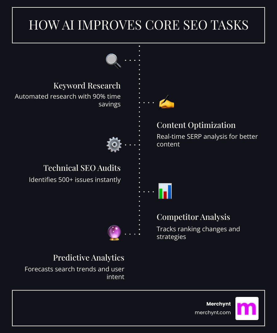 Infographic showing how AI improves core SEO tasks including automated keyword research with 90% time savings, content optimization with real-time SERP analysis, technical SEO audits identifying 500+ issues instantly, competitor analysis tracking ranking changes, and predictive analytics forecasting search trends - ai tools for seo optimization infographic infographic-line-5-steps-dark