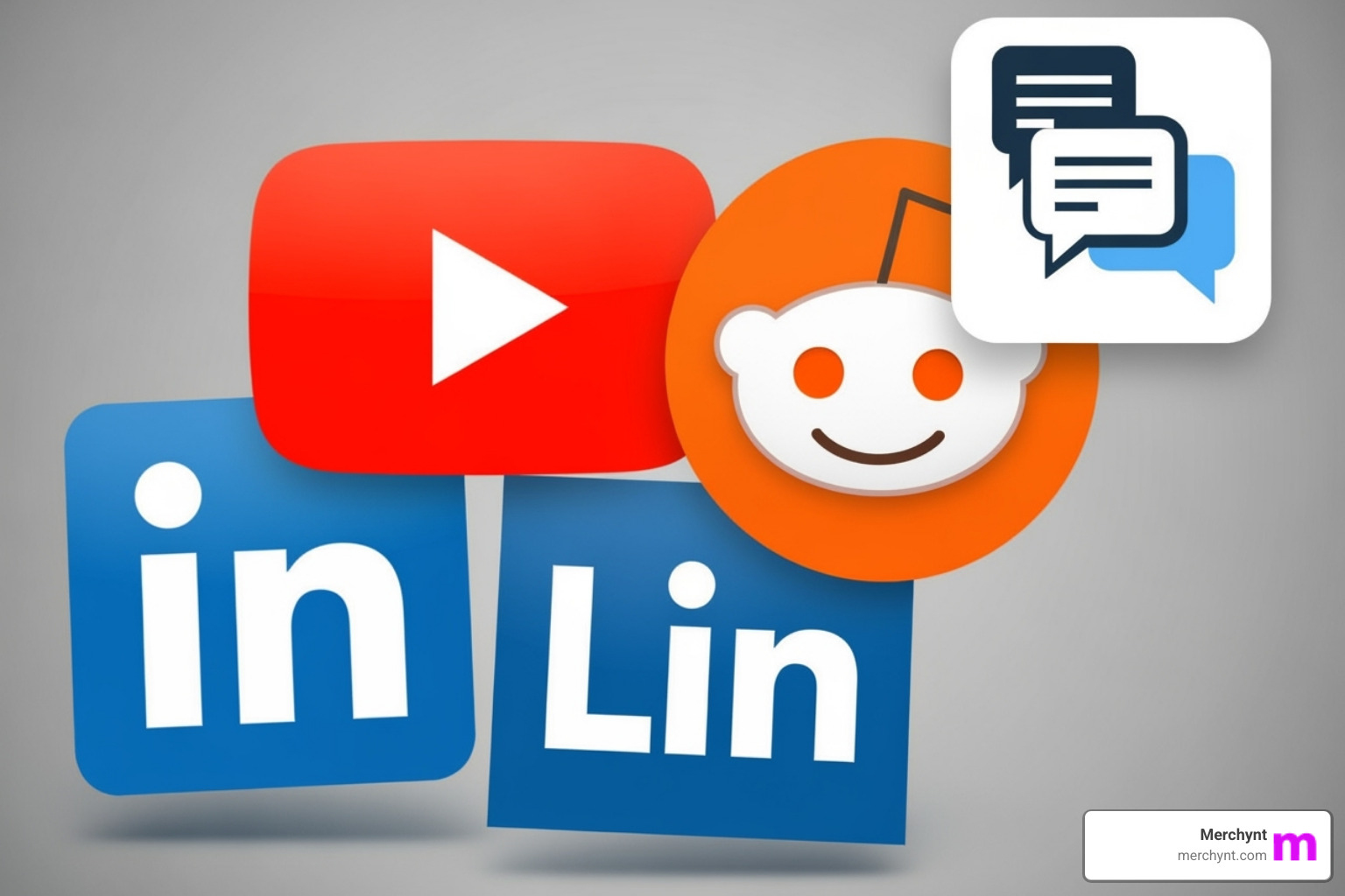 Logos of YouTube, Reddit, LinkedIn, and industry forums, representing multi-platform presence - geo keywords for ai answer engines