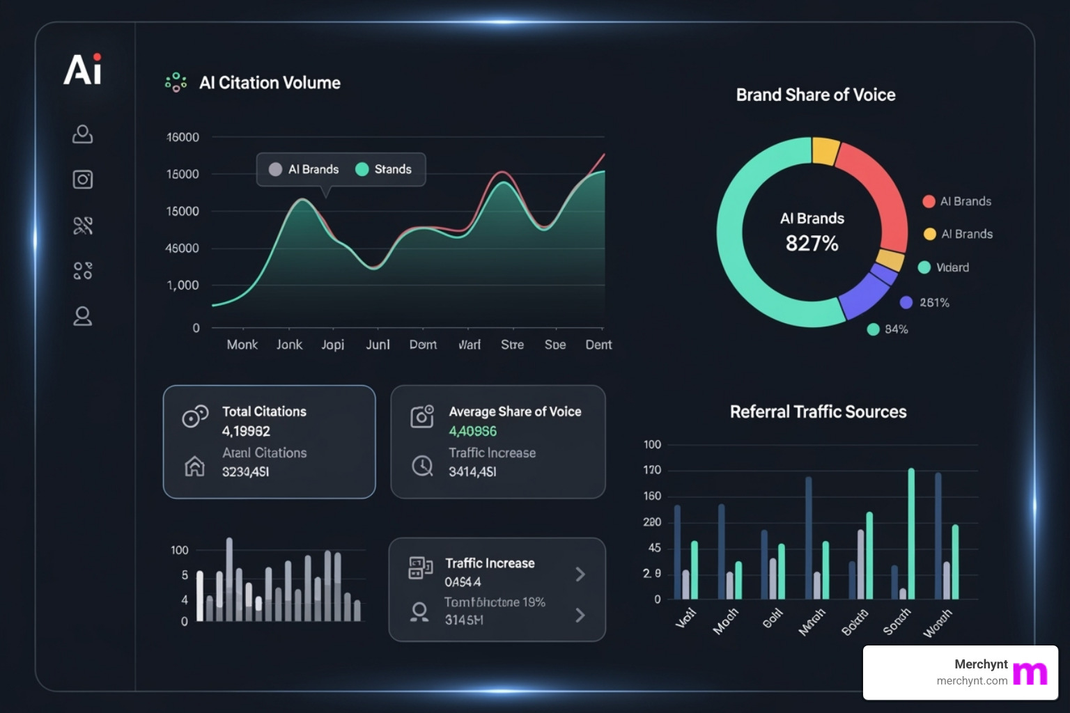 dashboard showing AI citation volume, brand share of voice in AI responses, and referral traffic from AI platforms - generative engine optimization tool for businesses dashboard showing AI citation volume, brand share of voice in AI responses, and referral traffic from AI platforms - generative engine optimization tool for businesses