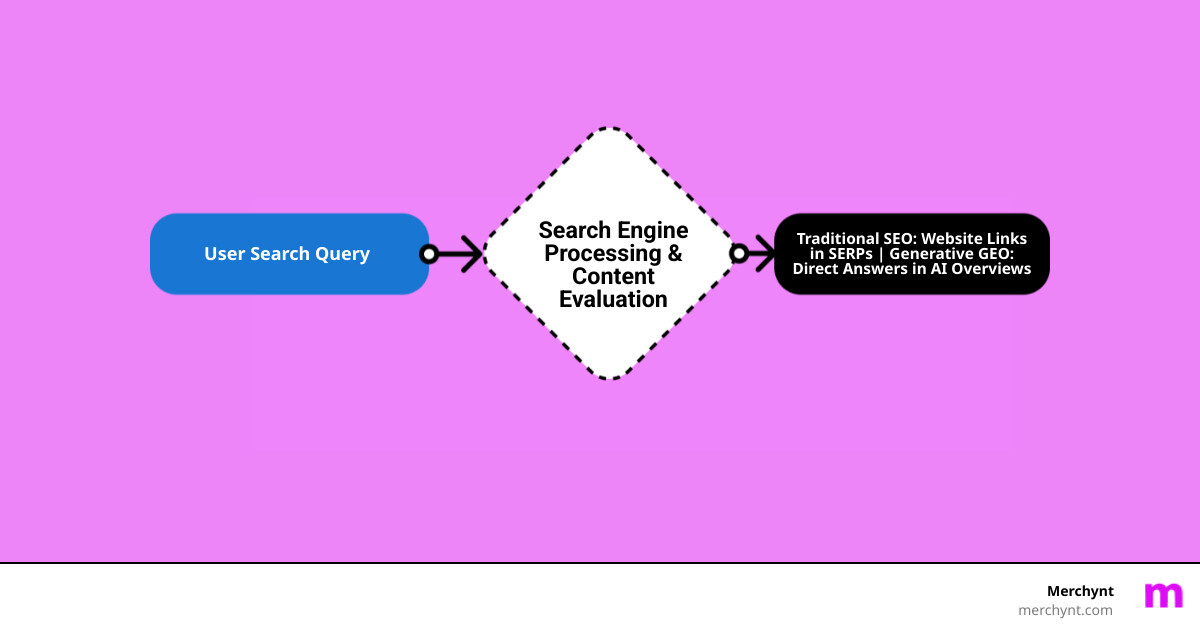 Infographic showing the difference between traditional SEO ranking web pages in search results versus GEO getting businesses cited directly in AI-generated answers, with arrows pointing from search queries to either traditional blue links or AI response boxes containing business information - generative engine optimization tool for businesses infographic flowmap_simple Infographic showing the difference between traditional SEO ranking web pages in search results versus GEO getting businesses cited directly in AI-generated answers, with arrows pointing from search queries to either traditional blue links or AI response boxes containing business information - generative engine optimization tool for businesses infographic flowmap_simple