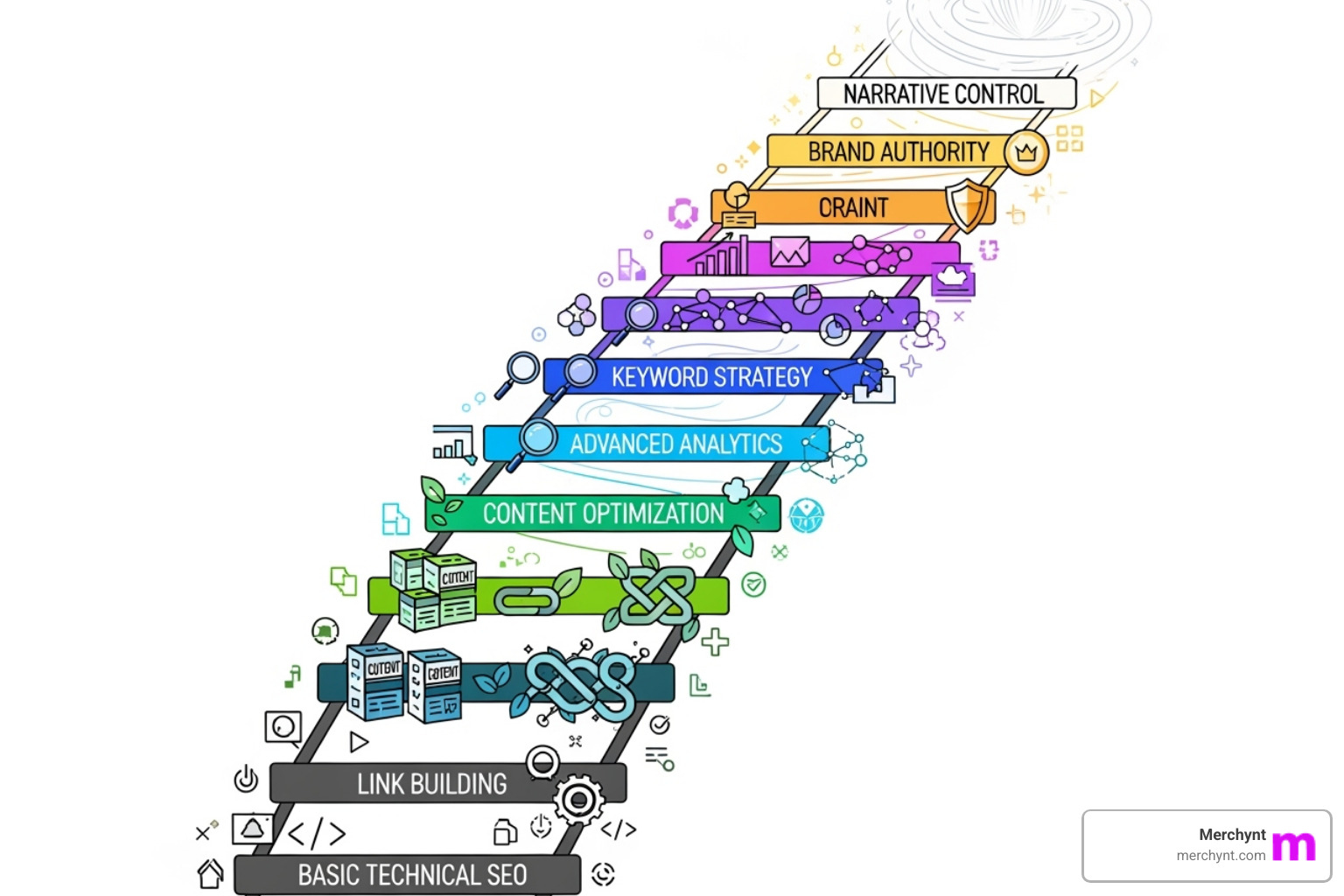 illustration depicting a ladder with stages of GEO maturity, from basic technical SEO to advanced narrative control - generative engine optimization tool for businesses illustration depicting a ladder with stages of GEO maturity, from basic technical SEO to advanced narrative control - generative engine optimization tool for businesses