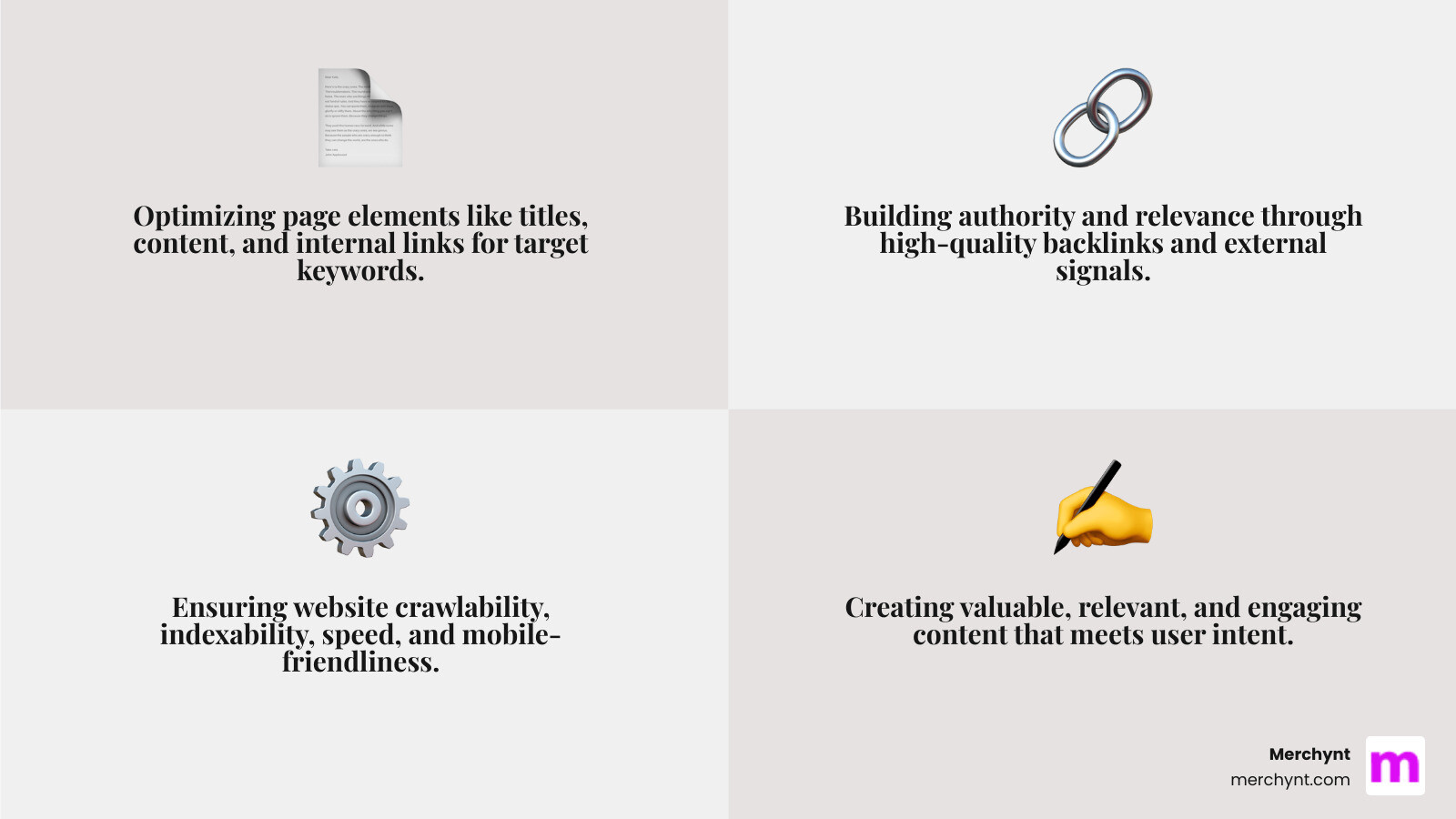 Infographic showing the four core pillars of SEO: On-Page, Off-Page, Technical, and Content - seo optimization tools free infographic 4_facts_emoji_grey