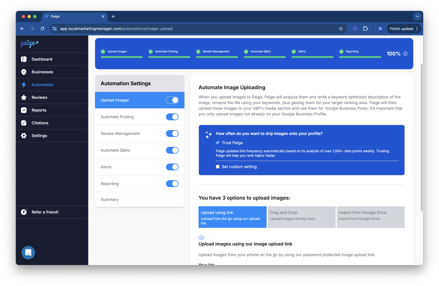 Paige AI dashboard automating local SEO tasks - chatgpt local seo optimization