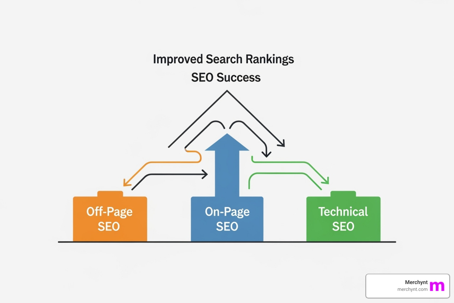 Diagram illustrating the three pillars of SEO: On-Page, Off-Page, and Technical SEO, with arrows showing their interconnectedness - seo optimization