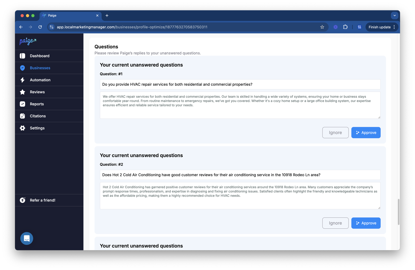 The GBP Audit Tool by Paige dashboard showing an analysis. - geo for multi-location brands