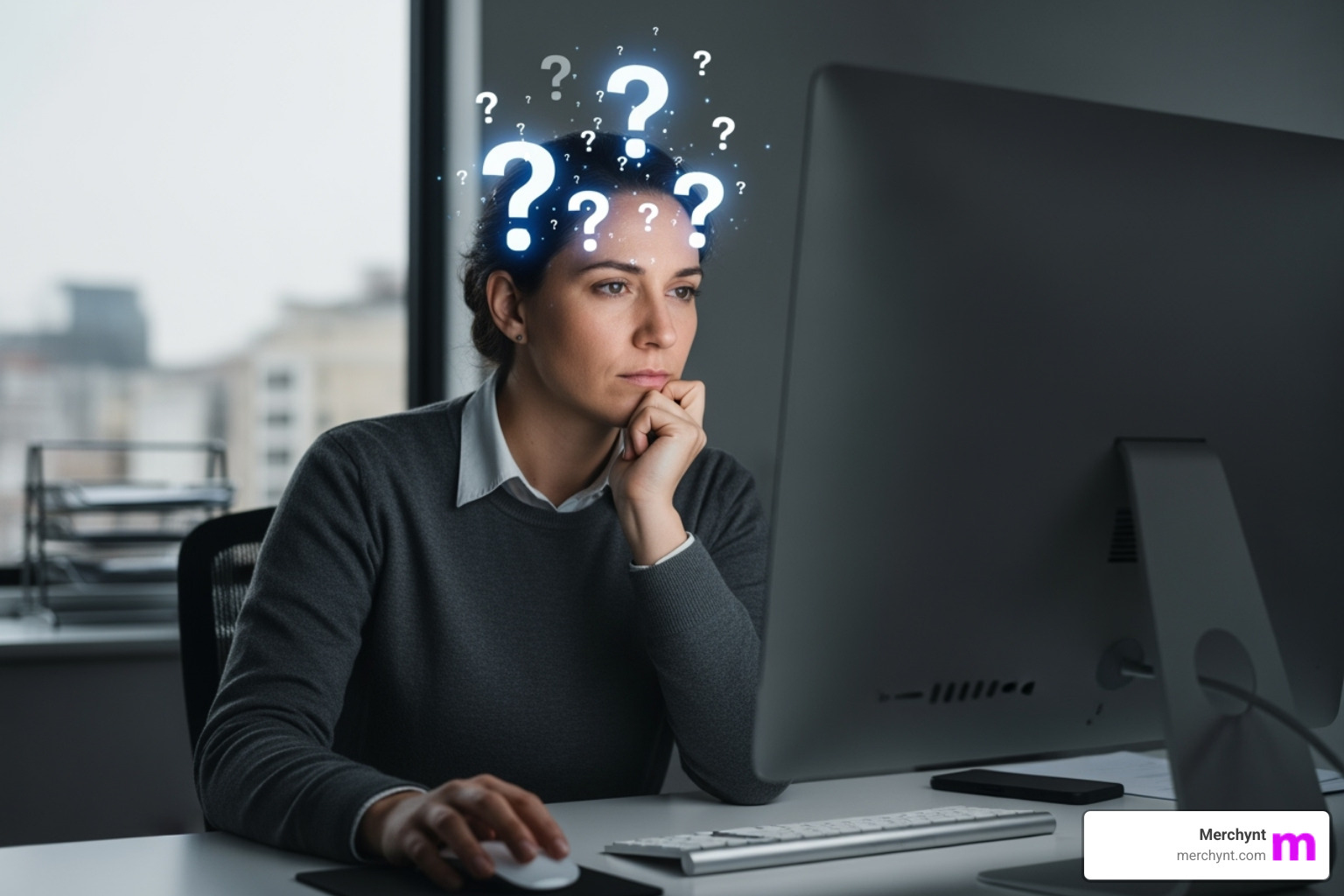 Person looking thoughtfully at a computer screen with question marks around them - reputation monitoring white label Person looking thoughtfully at a computer screen with question marks around them - reputation monitoring white label