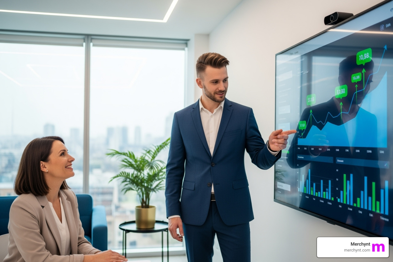 agency professional presenting a positive results dashboard to a happy client - geo automation for agencies agency professional presenting a positive results dashboard to a happy client - geo automation for agencies