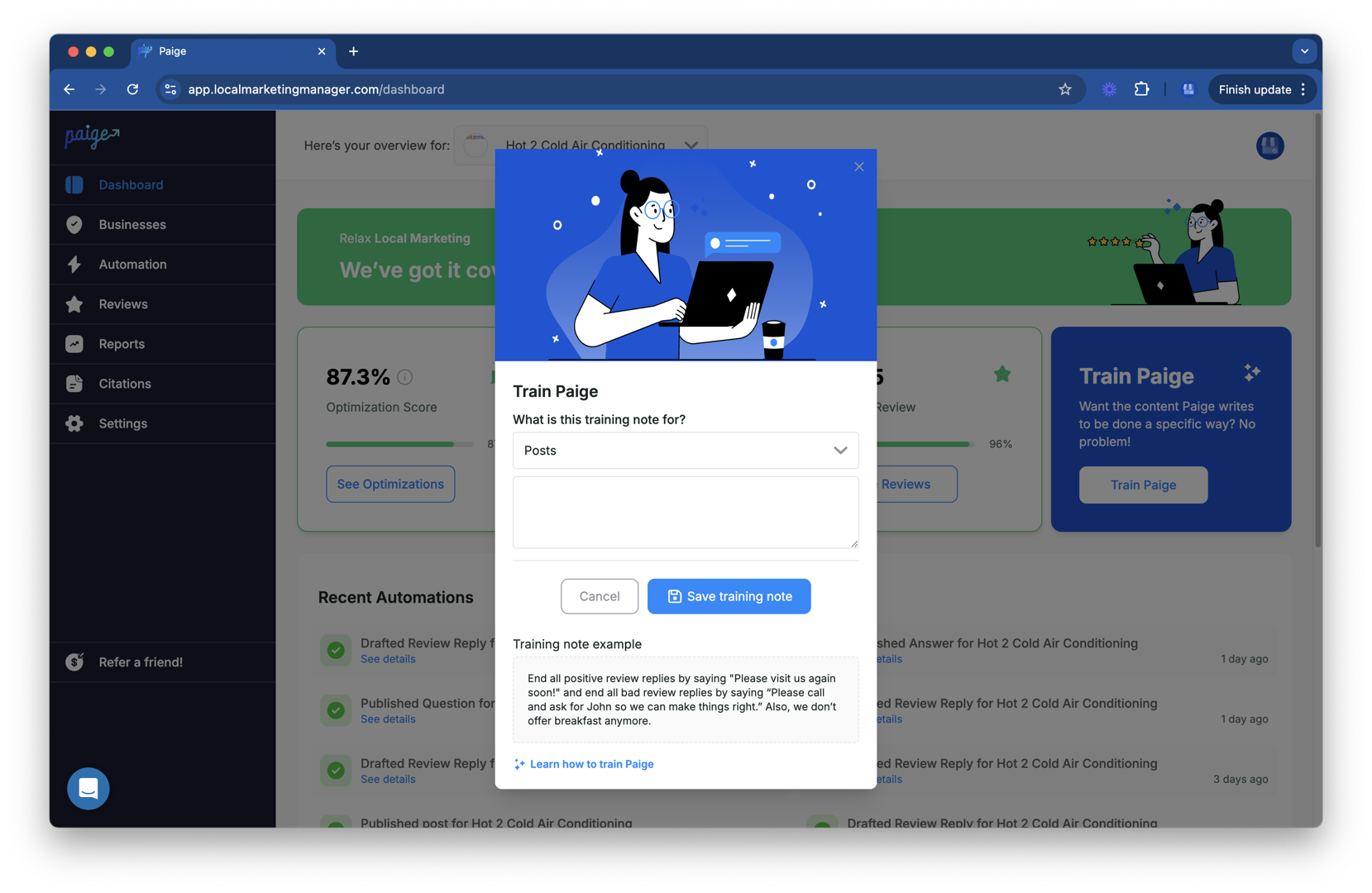 Paige AI software dashboard highlighting automated GBP posts and review responses - reputation management monitoring