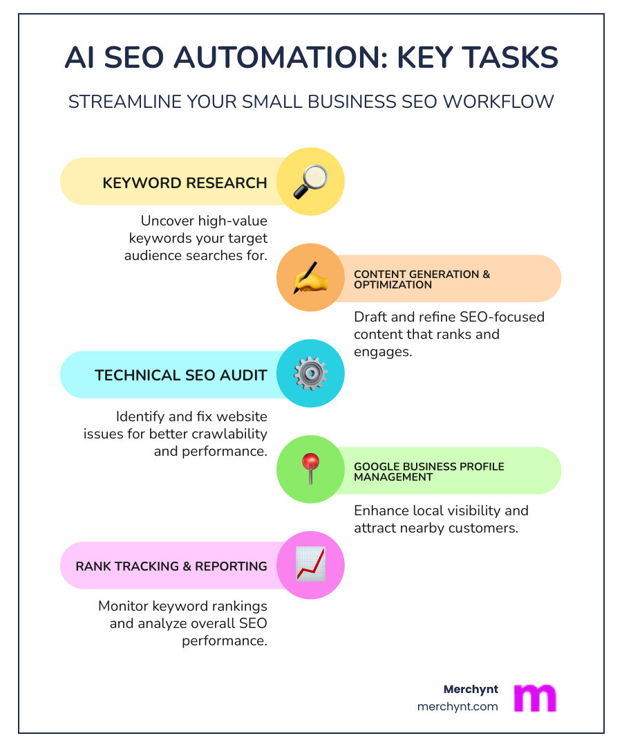 Comprehensive infographic showing how AI SEO tools automate key small business marketing tasks including keyword research with magnifying glass icon, content creation with document and pen icon, technical SEO audits with gear and checkmark icon, Google Business Profile optimization with location pin icon, and rank tracking with upward trending graph icon, all connected by arrows to show workflow automation - best ai seo tools for small businesses 2025 infographic infographic-line-5-steps-colors Comprehensive infographic showing how AI SEO tools automate key small business marketing tasks including keyword research with magnifying glass icon, content creation with document and pen icon, technical SEO audits with gear and checkmark icon, Google Business Profile optimization with location pin icon, and rank tracking with upward trending graph icon, all connected by arrows to show workflow automation - best ai seo tools for small businesses 2025 infographic infographic-line-5-steps-colors