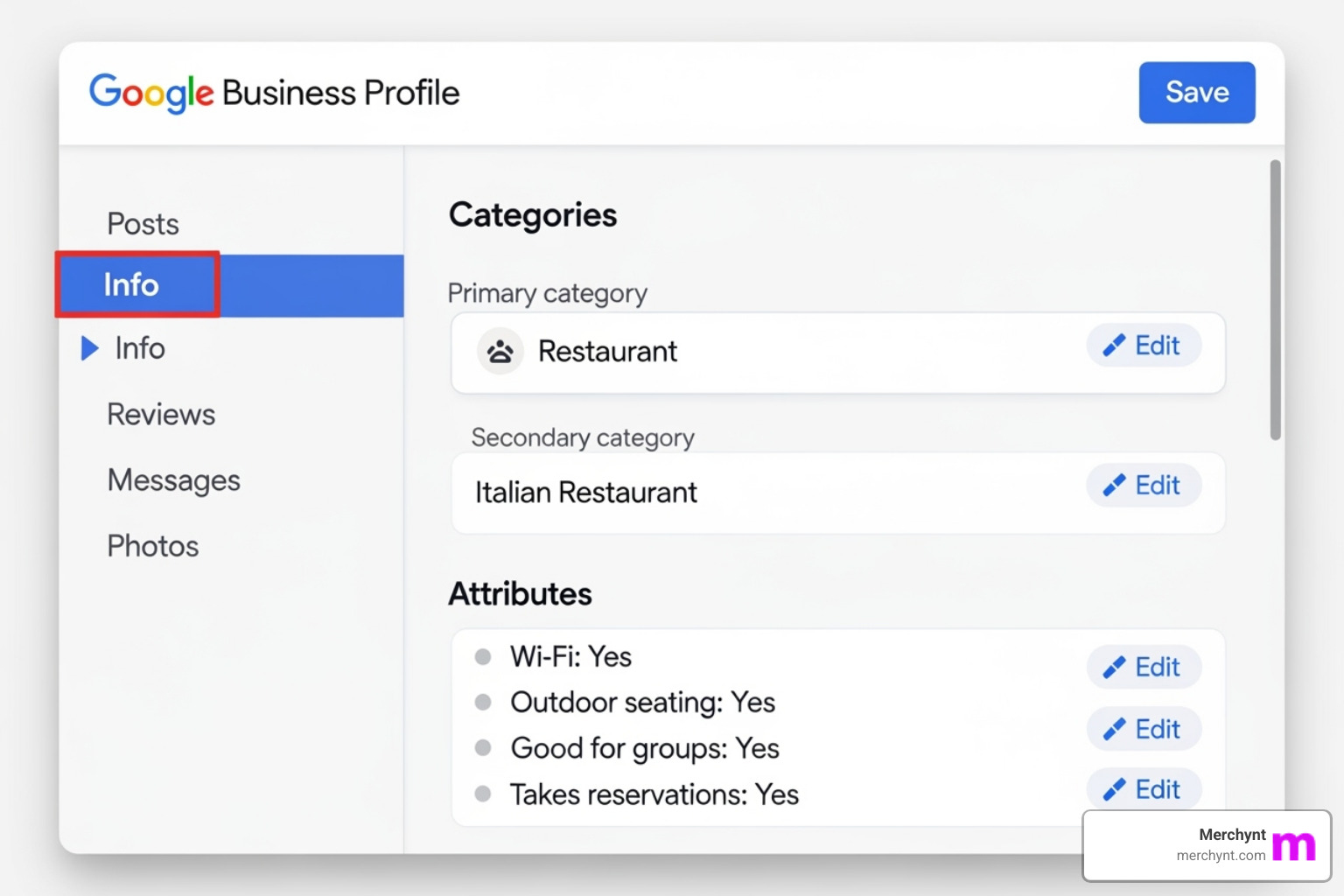 GBP dashboard showing categories and attributes - Google business page management