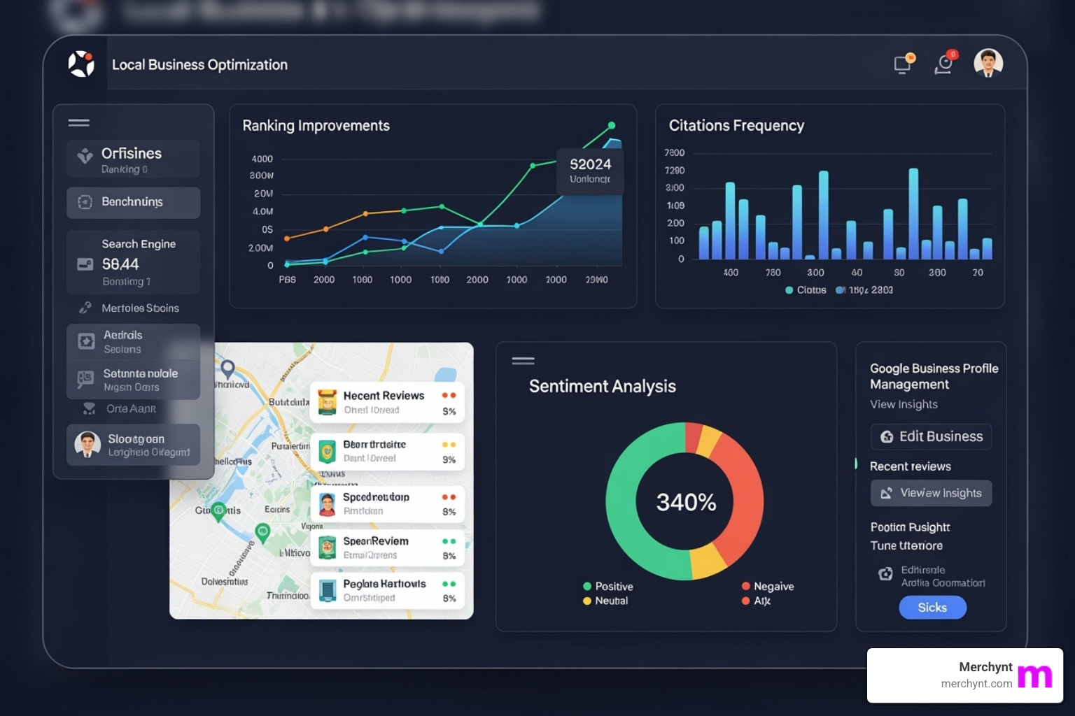 The Paige dashboard highlighting automated optimizations for Google Business Profile, showing metrics like ranking improvements, citation frequency, and sentiment analysis custom for local businesses - geo platform for chatgpt and perplexity The Paige dashboard highlighting automated optimizations for Google Business Profile, showing metrics like ranking improvements, citation frequency, and sentiment analysis custom for local businesses - geo platform for chatgpt and perplexity