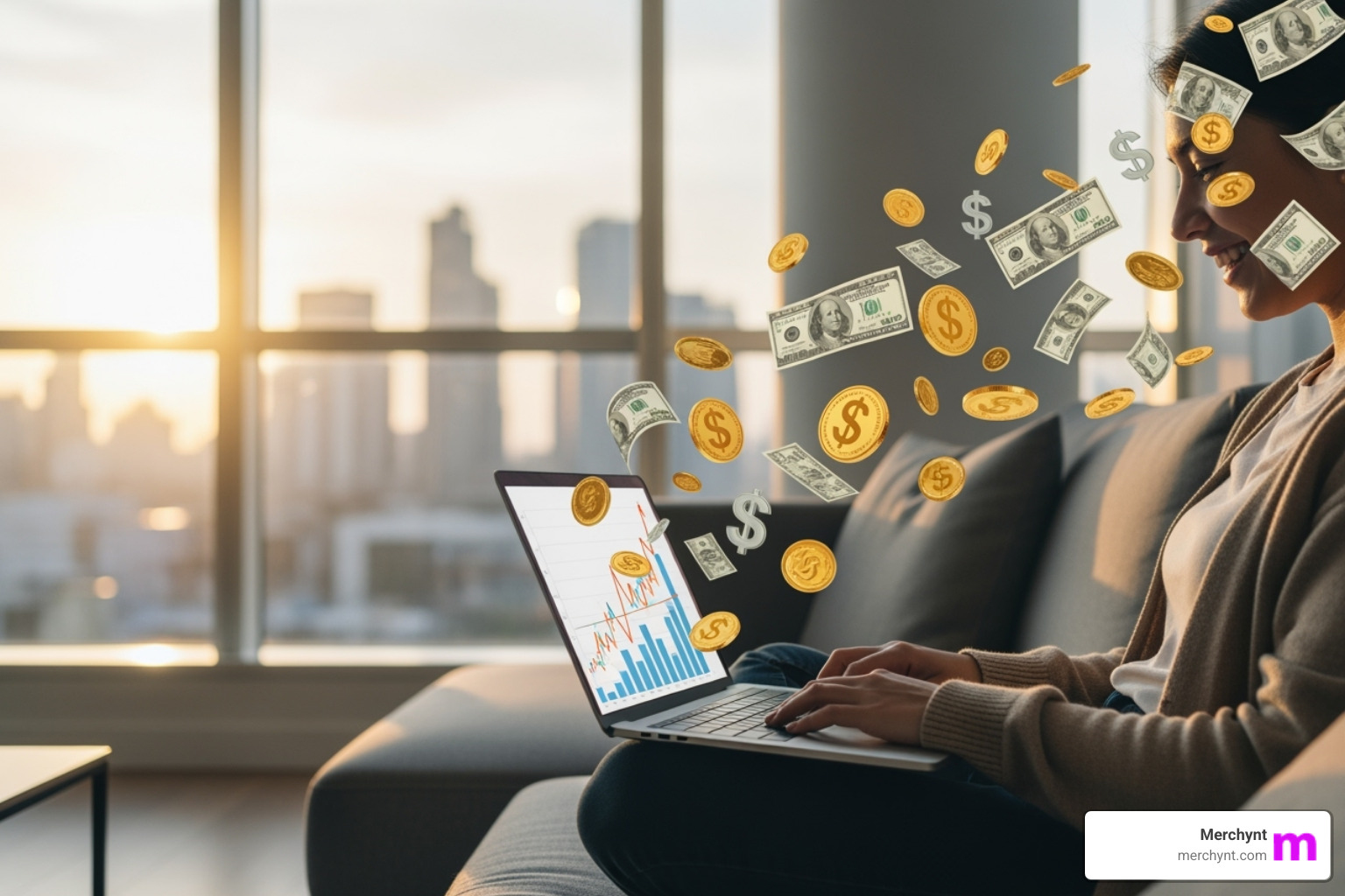 Person happily using free software on a laptop, with money saved floating around - best seo tools Person happily using free software on a laptop, with money saved floating around - best seo tools