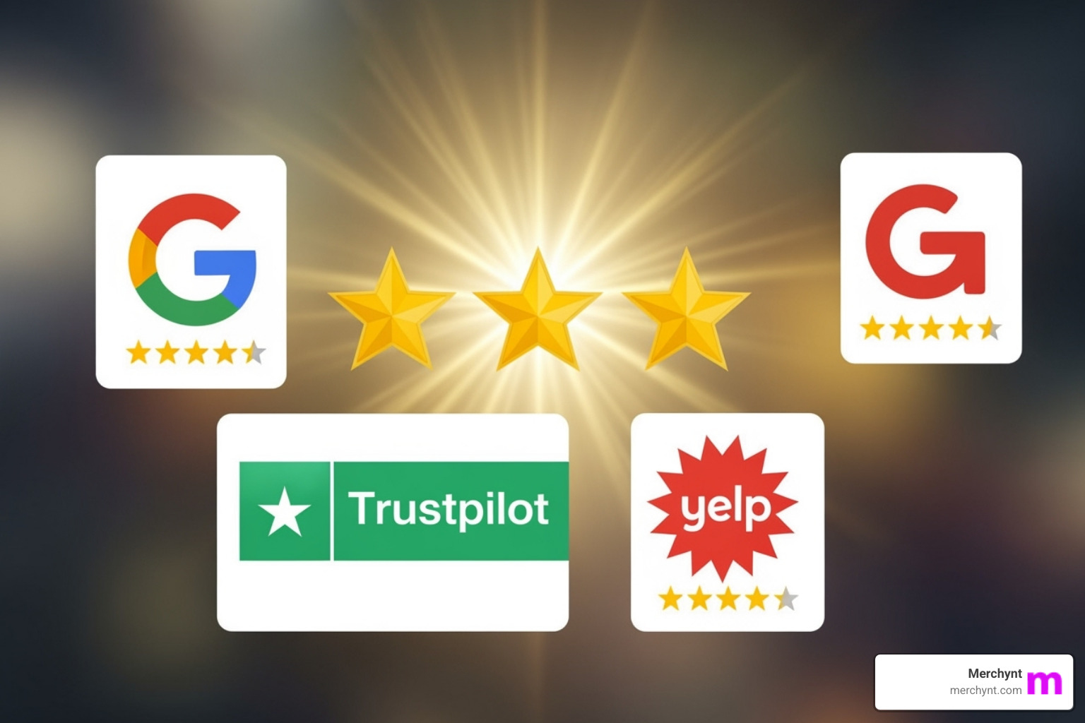 Image showing a brand's consistent high ratings across multiple platforms like Google, Trustpilot, and Yelp - geo review and reputation optimization