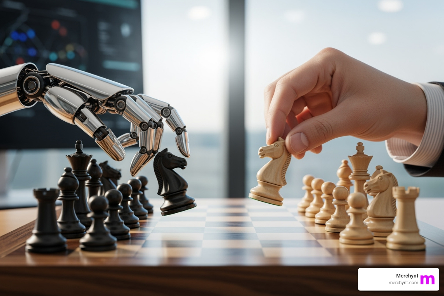 A chessboard with human hands and AI hands moving pieces, symbolizing collaboration - ai seo A chessboard with human hands and AI hands moving pieces, symbolizing collaboration - ai seo