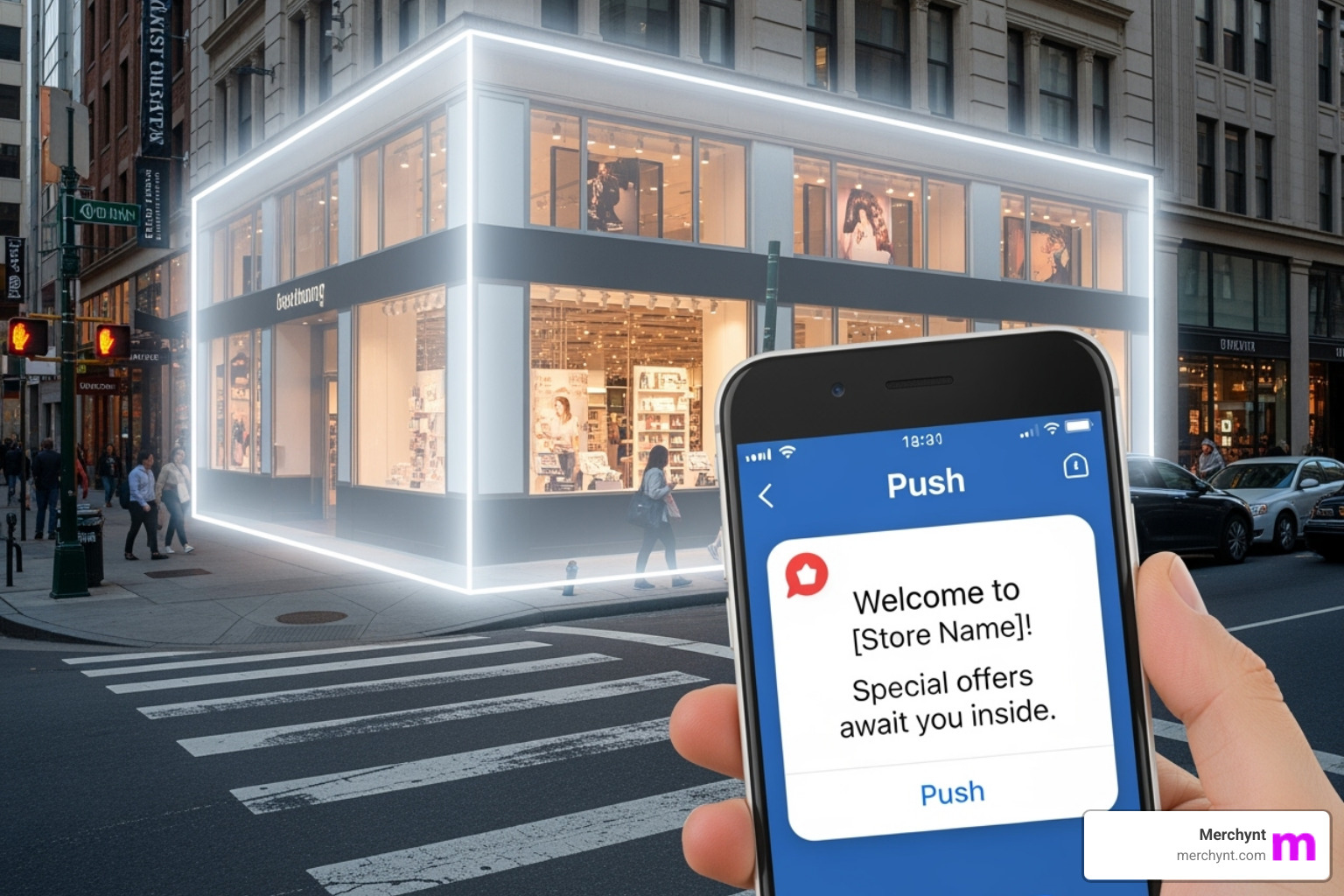 image of a geofence around a retail store triggering a mobile notification - geo platform with white‑label options