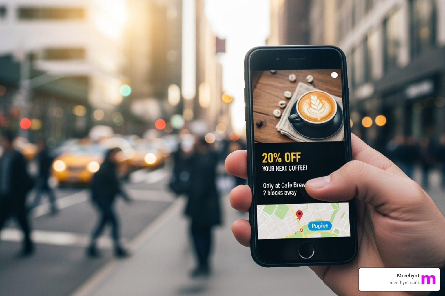 image of a mobile phone displaying geo-targeted promotions - geo platform with white‑label options