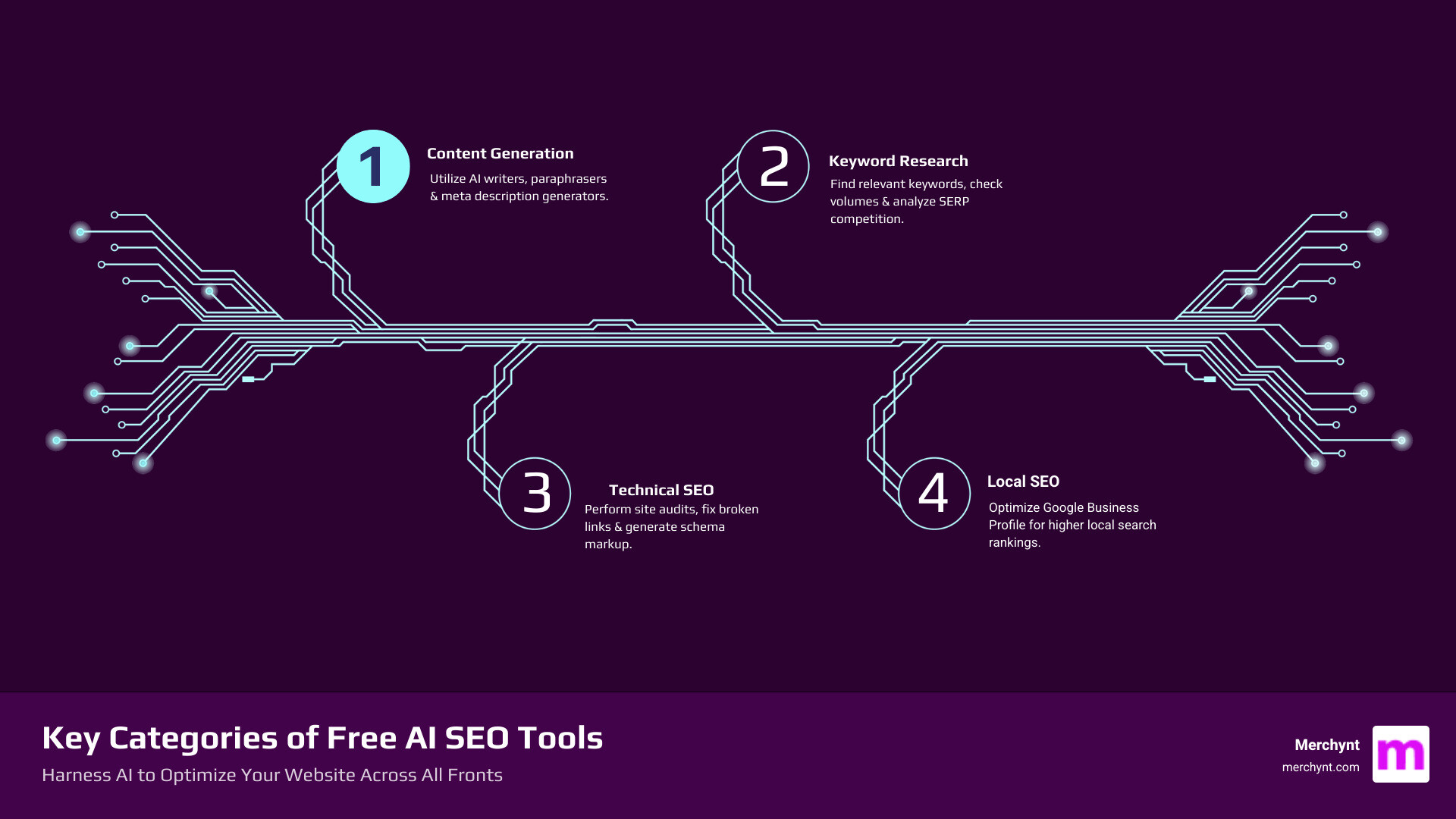 Infographic showing four categories of free AI SEO tools: Content Generation Tools (featuring article writers, meta description generators, and paraphrasing tools), Keyword Research Tools (showing keyword finders, search volume checkers, and SERP analyzers), Technical SEO Tools (displaying site audit tools, broken link checkers, and schema markup generators), and Local SEO Tools (highlighting the GBP Audit Tool by Paige as the premier solution for Google Business Profile optimization and local ranking improvement) - seo ai tools free infographic infographic-4-steps-tech