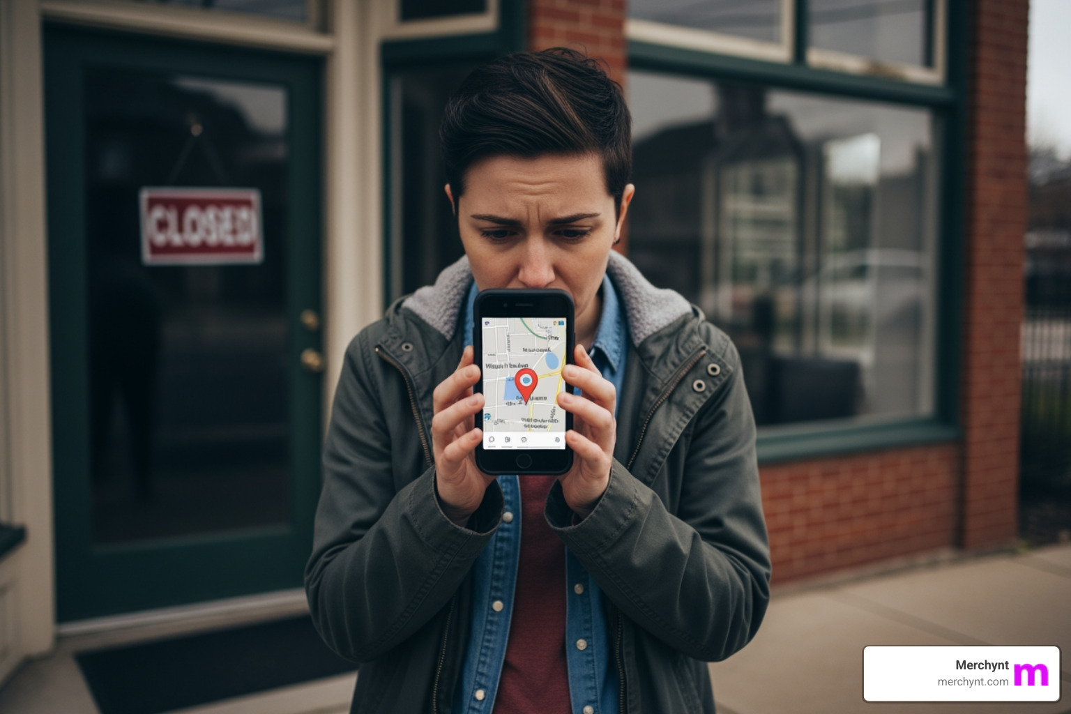 Frustrated customer looking at phone with incorrect map location - Business listing management