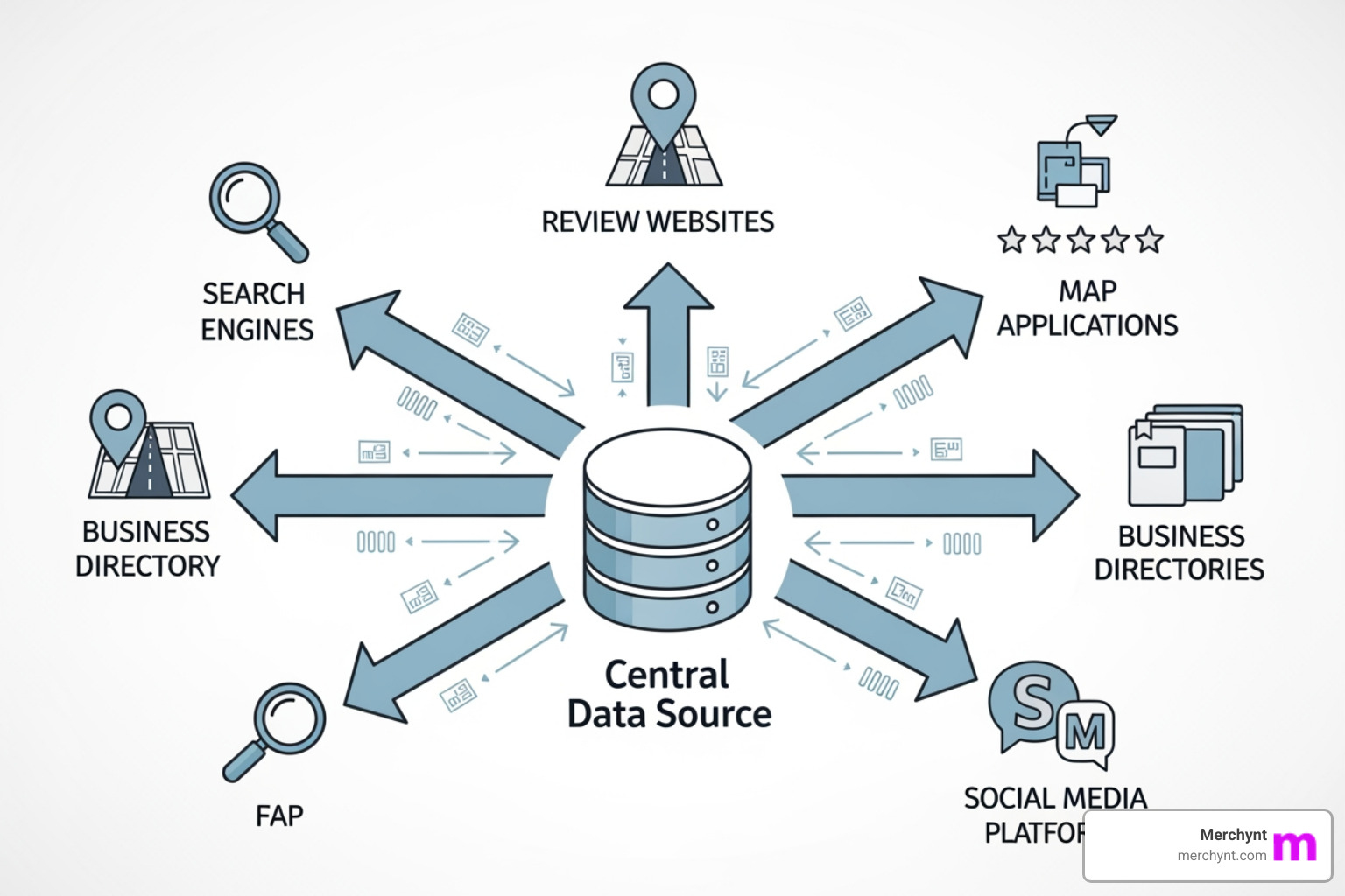 Diagram showing how business listing data flows to search engines, maps, and directories - Business listing management