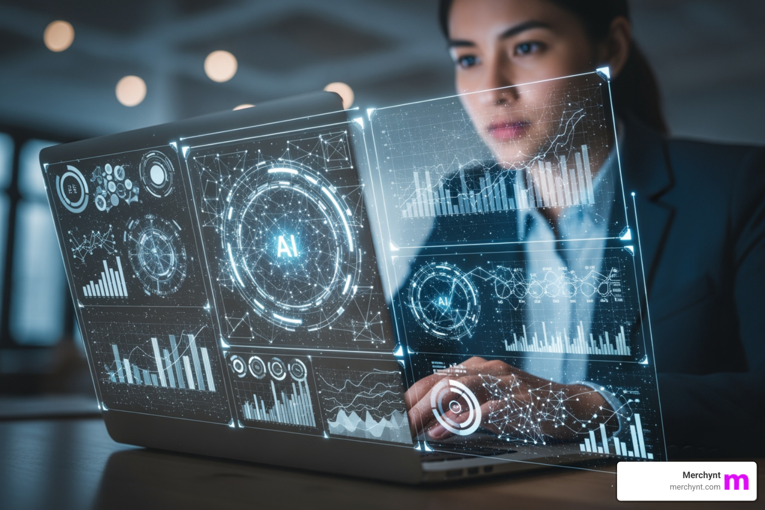 person working on a laptop with AI-generated charts on the screen, signifying collaboration - can ai seo tools help with local seo