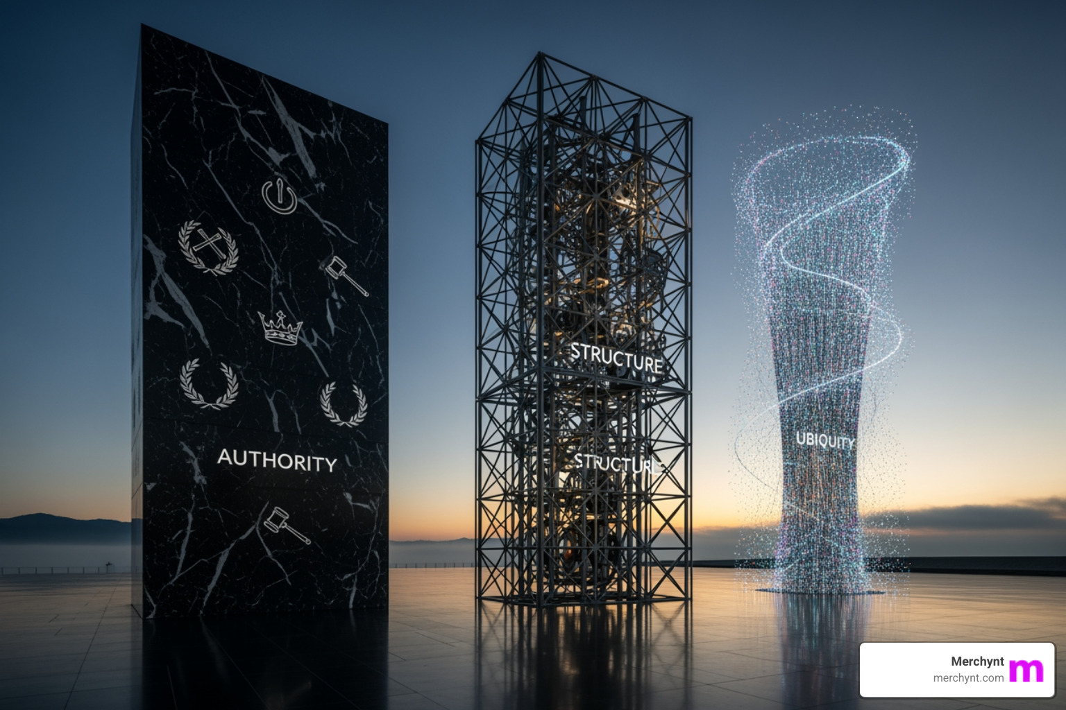 three pillars labeled 'Authority', 'Structure', and 'Ubiquity' - how to rank on llm search results