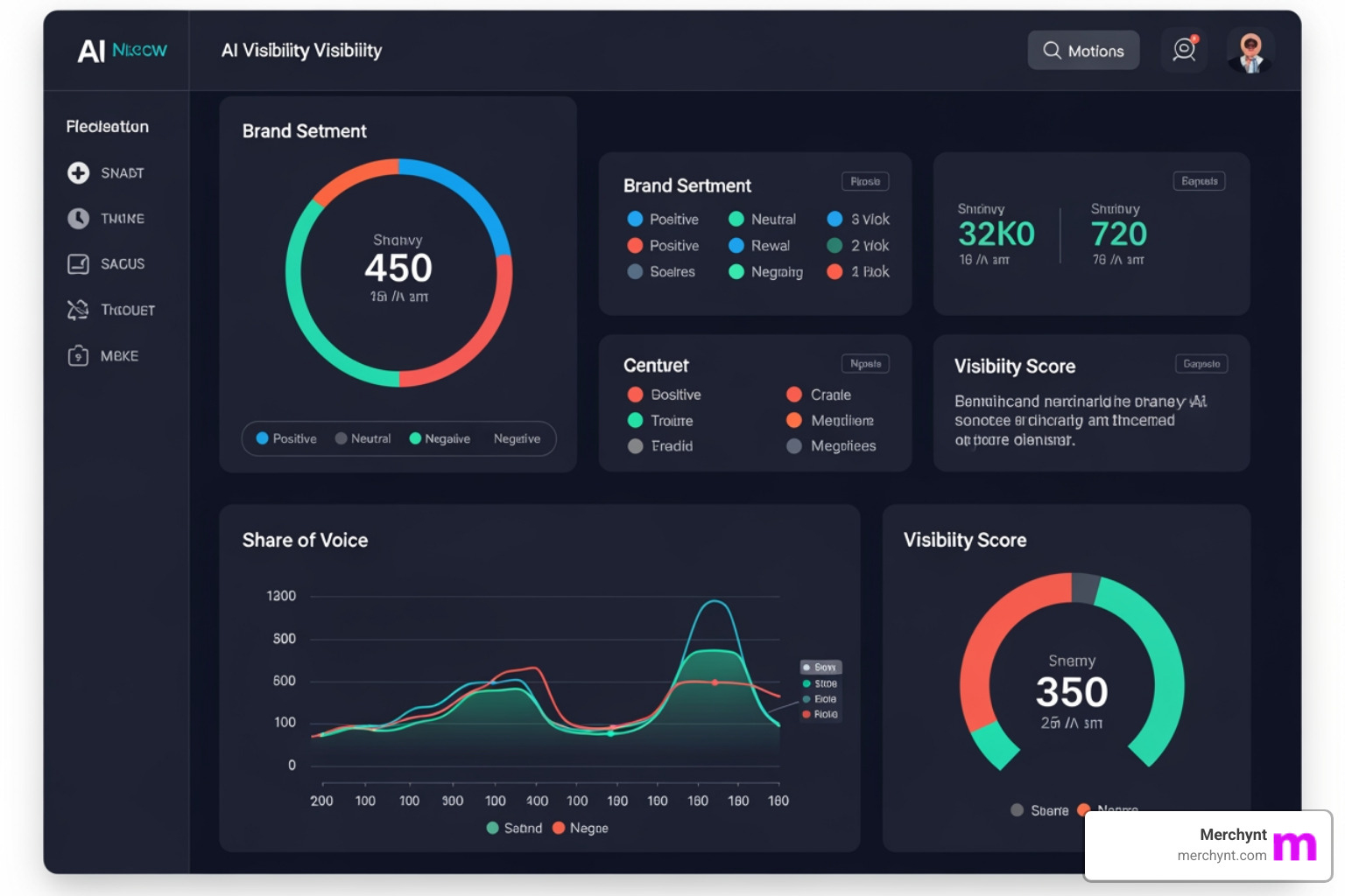 a platform dashboard showing AI visibility metrics like sentiment and share of voice - ai search optimization platform