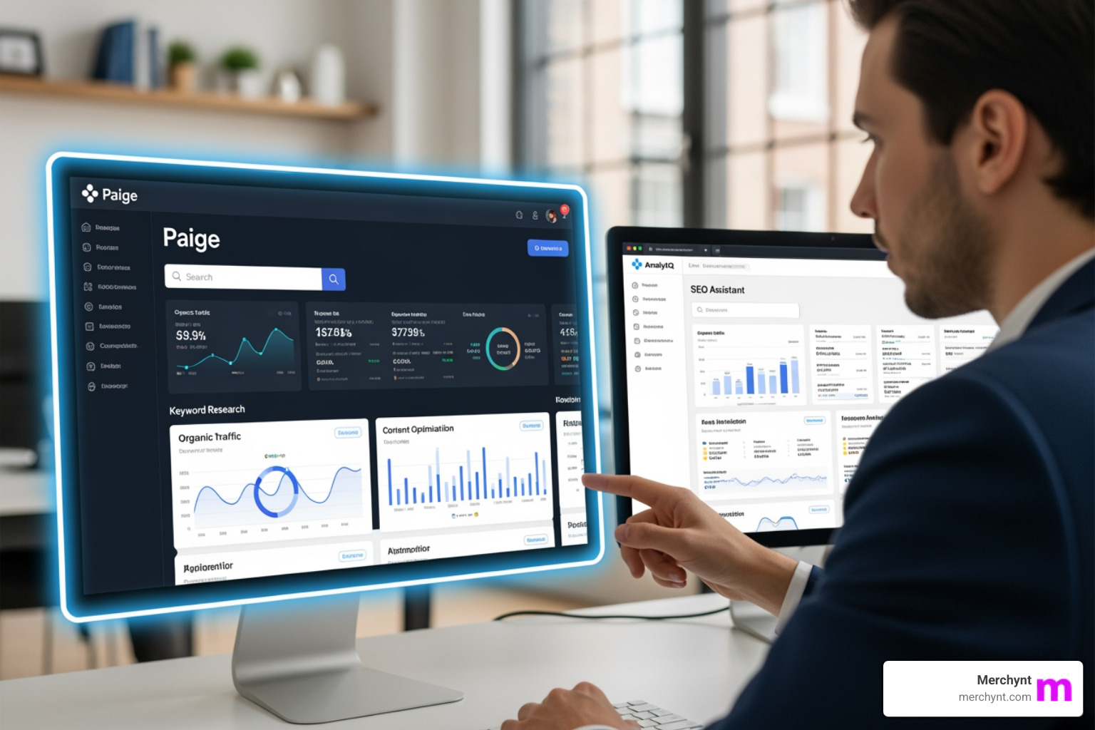 User comparing AI SEO tool interfaces, with Paige highlighted - seo ai User comparing AI SEO tool interfaces, with Paige highlighted - seo ai