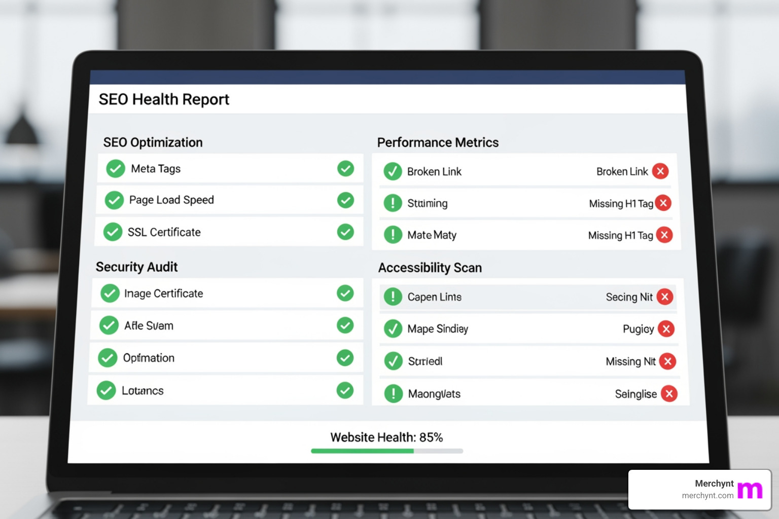 A website health report showing green checkmarks for optimized elements and red warnings for identified issues - seo optimizer