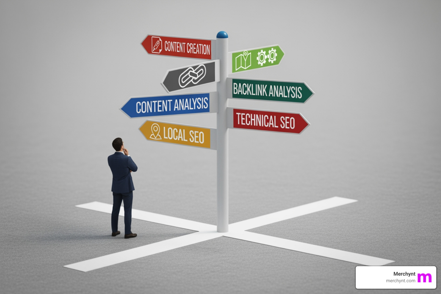 Person at a crossroads with AI tool signs - AI SEO Tools