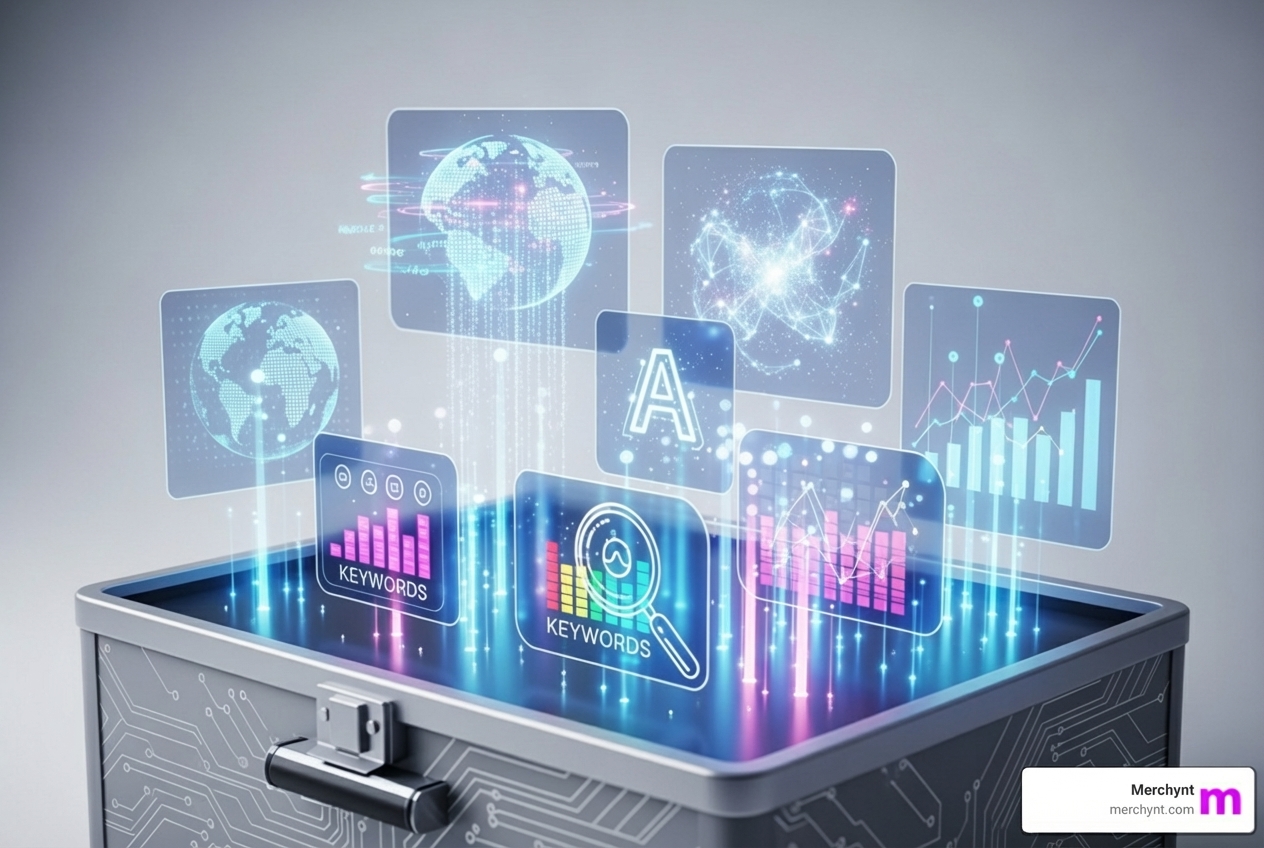 Digital toolbox with AI SEO tool logos - AI SEO Tools